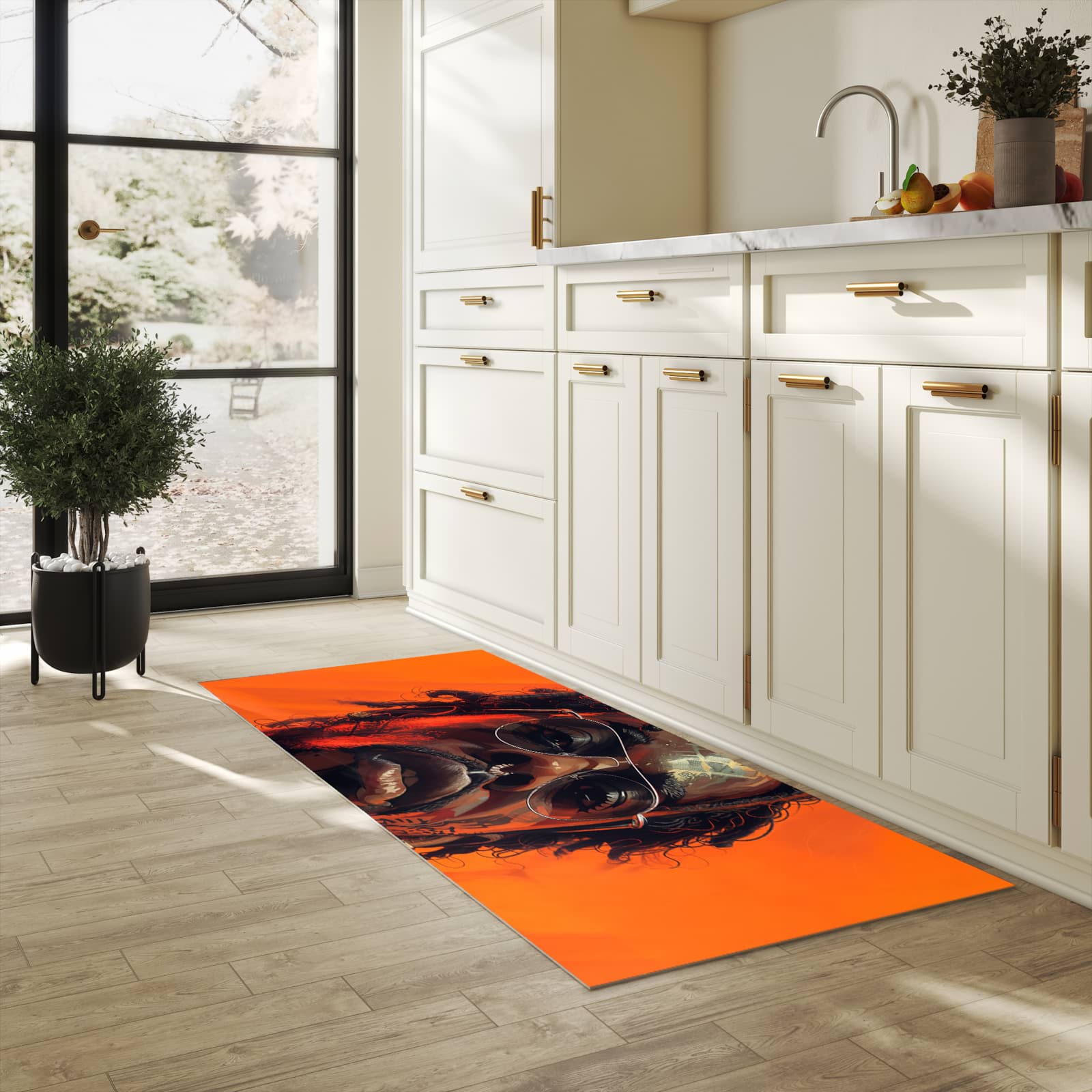 Farbbeständiger Läufer für die Küche mit Motiv Stilvolle Brillengesicht in heller Küche