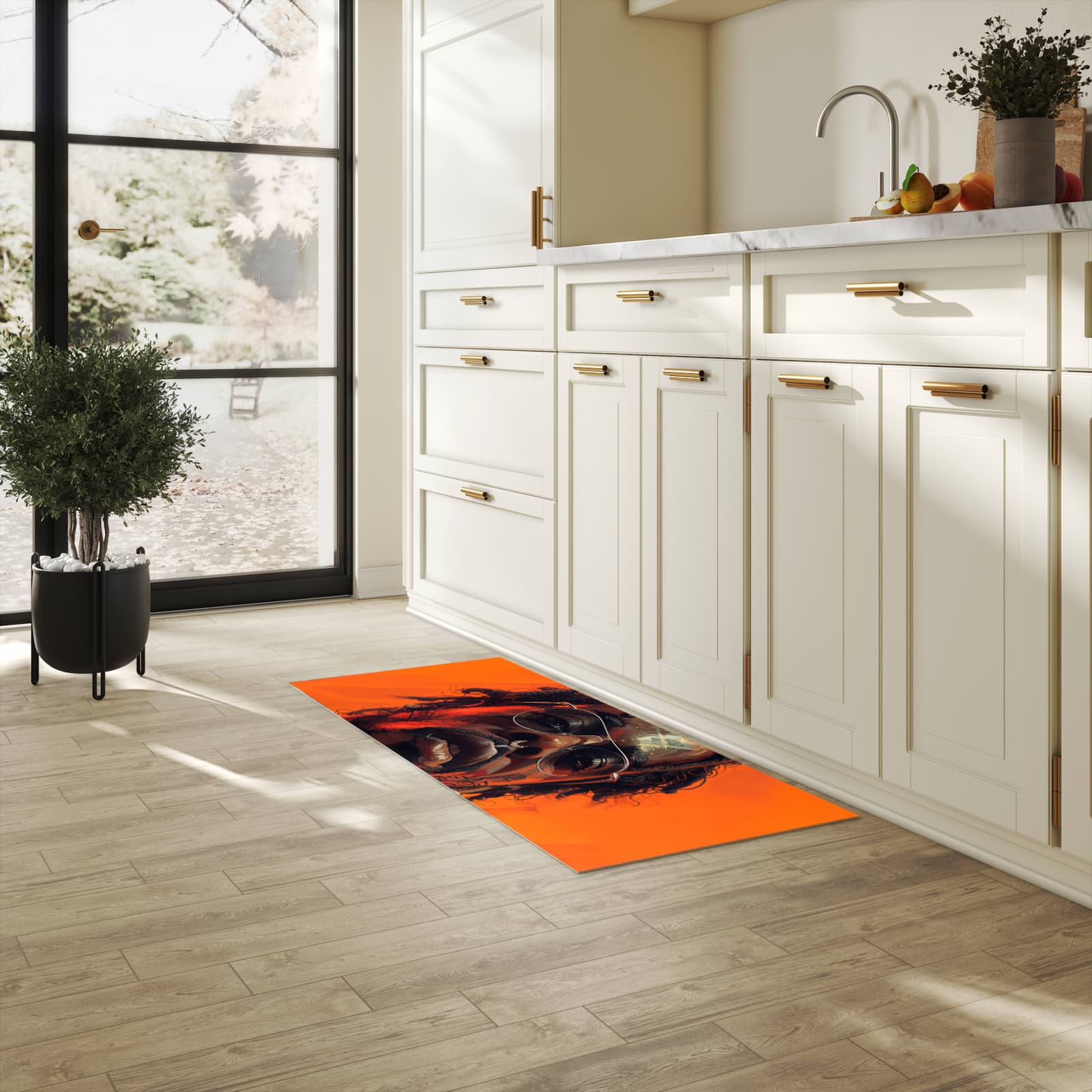 Langlebiger Küchenteppich mit Motiv Stilvolle Brillengesicht in heller Küche