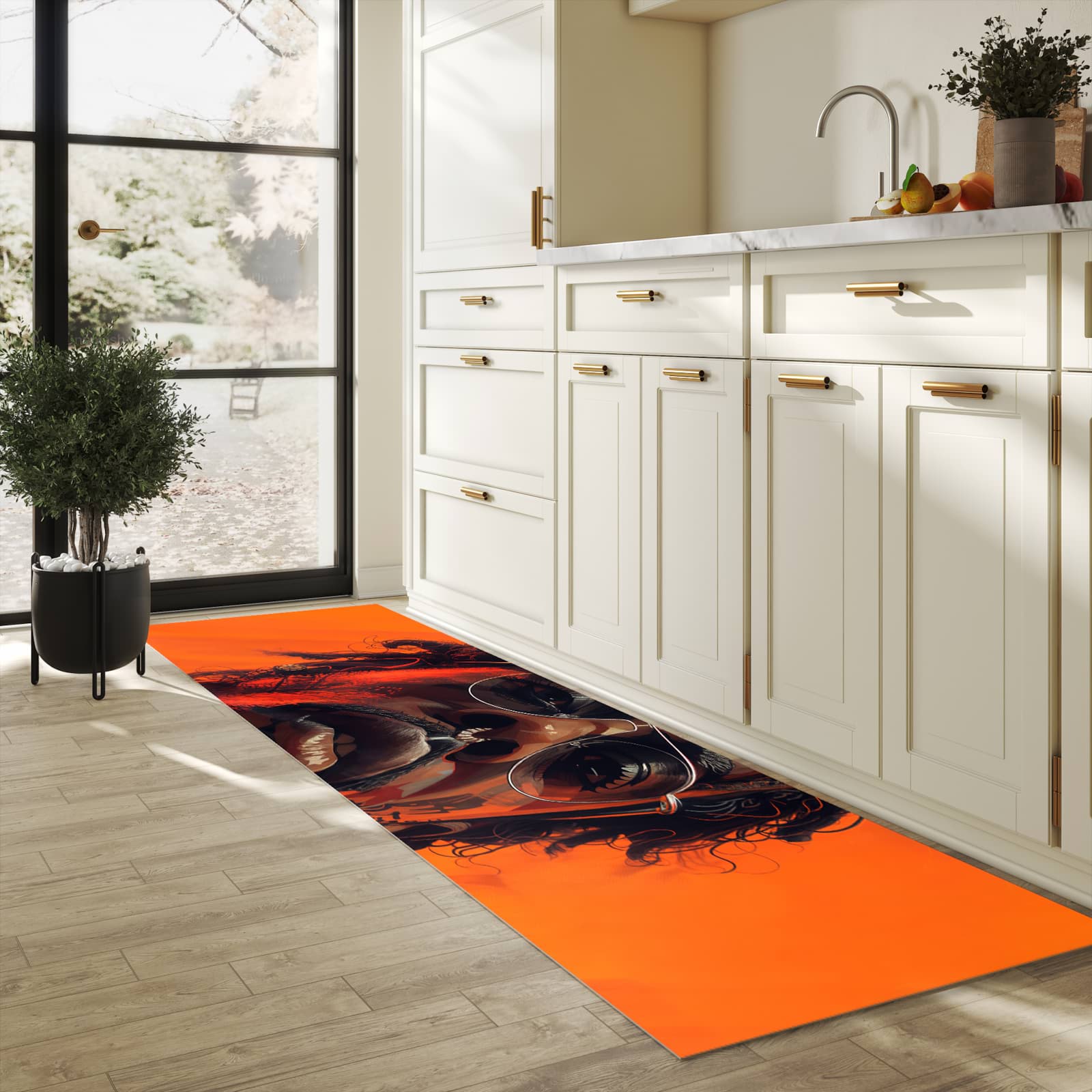 Zeitsparender Küchenteppich mit Motiv Stilvolle Brillengesicht in heller Küche