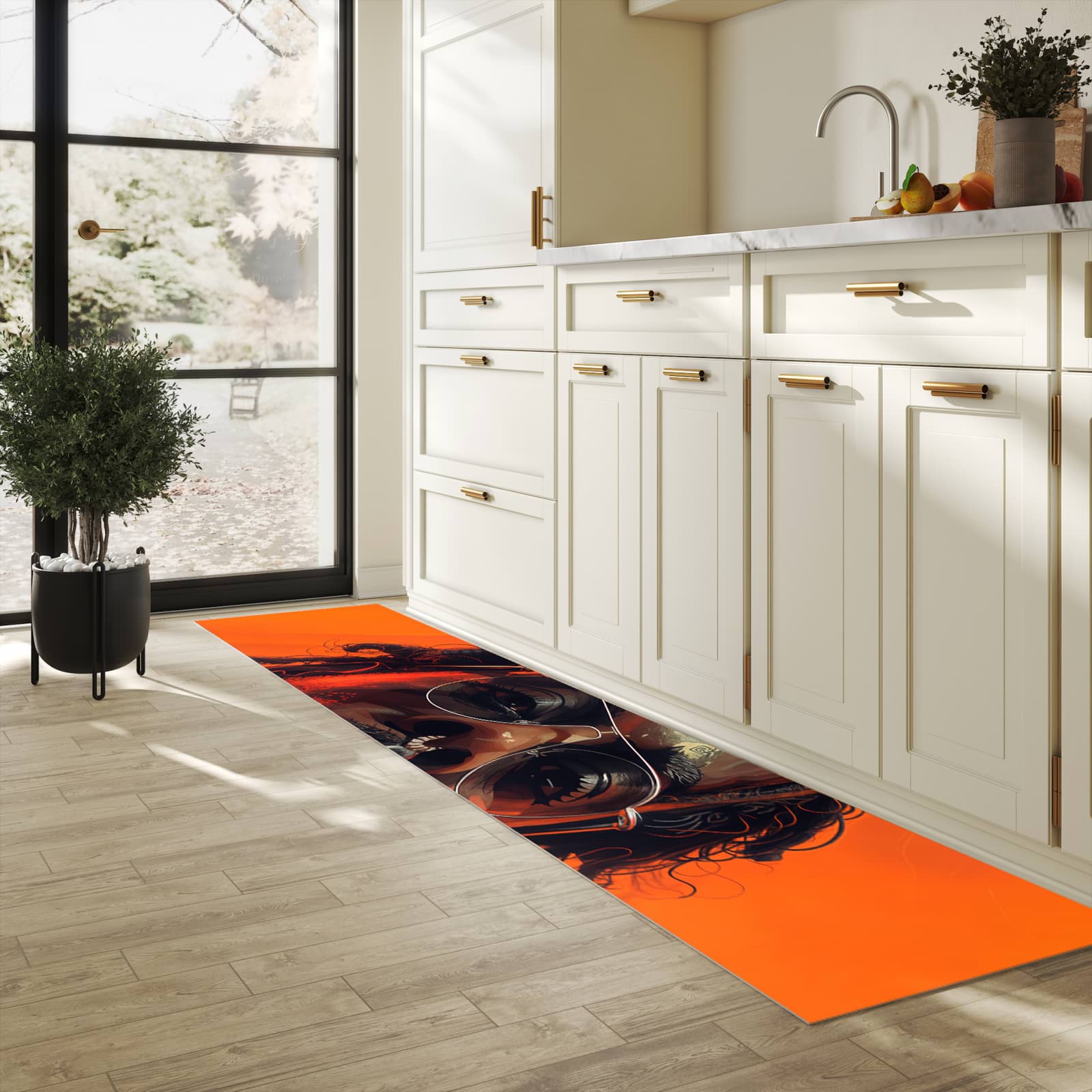 Küchenteppich mit Motiv Stilvolle Brillengesicht für Ordnung & Übersicht in heller Küche