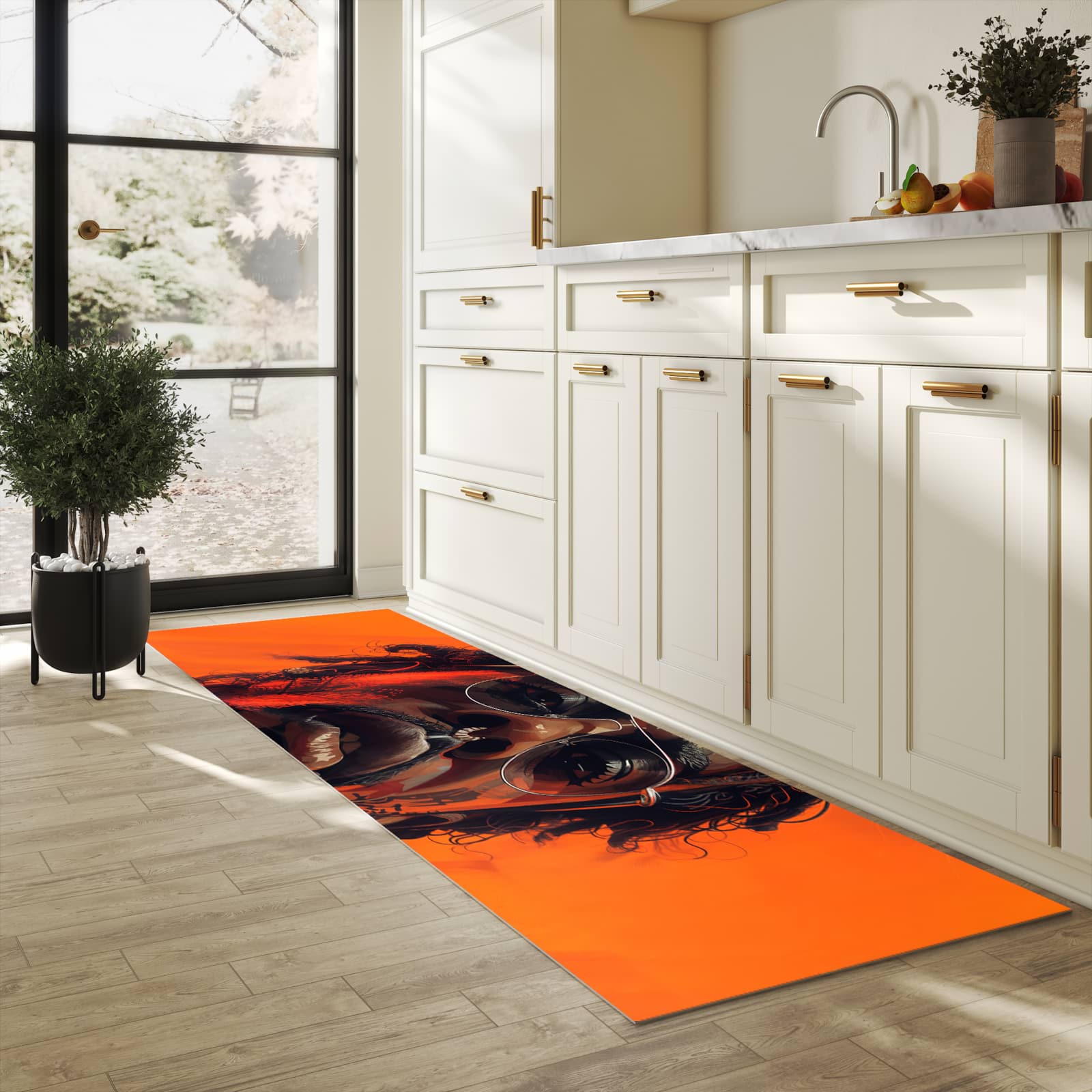 Küchenteppich mit Motiv Stilvolle Brillengesicht in heller Küche für sicheres Aufbewahren