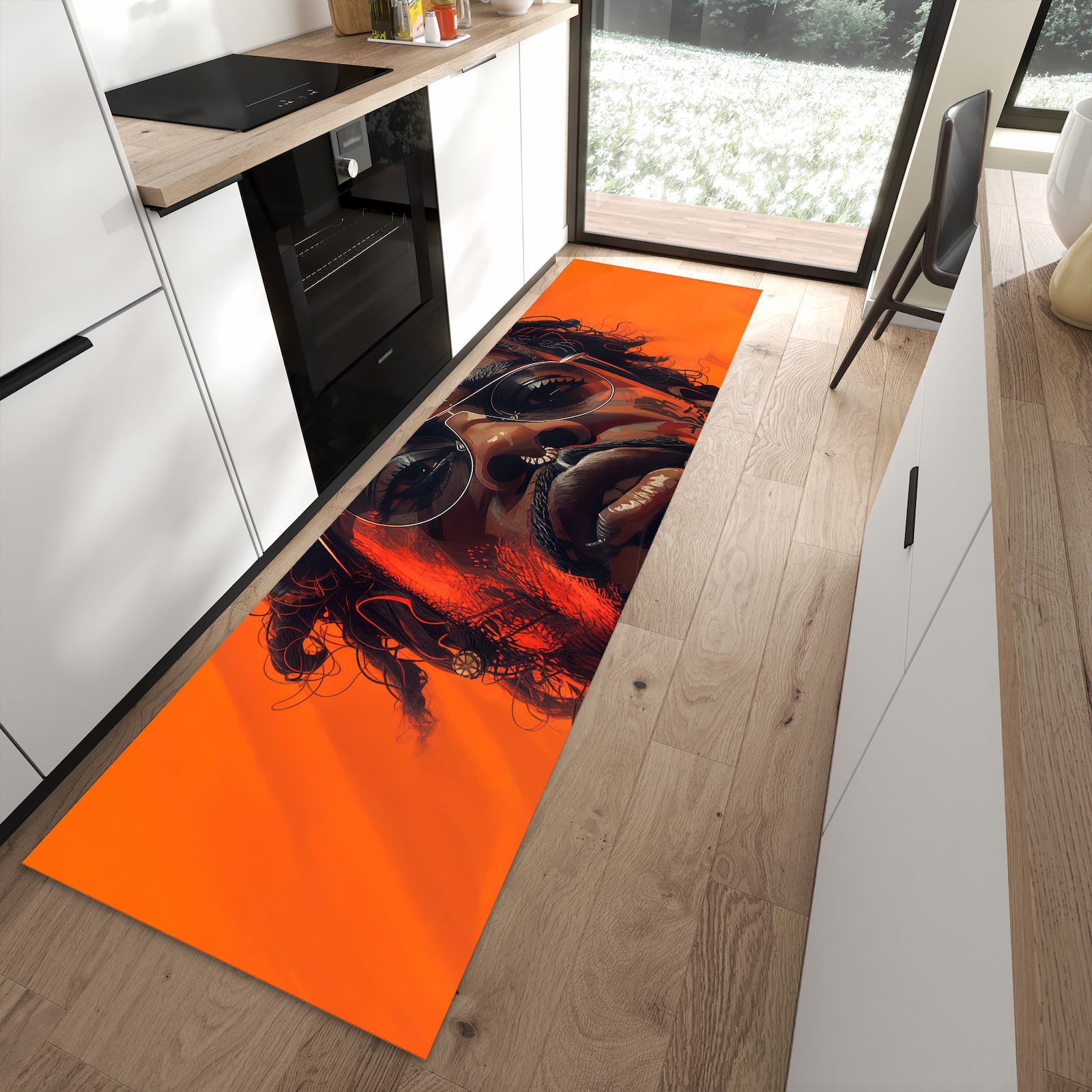 Pflegeleichter Küchenteppich mit Motiv Stilvolle Brillengesicht in moderner Küche