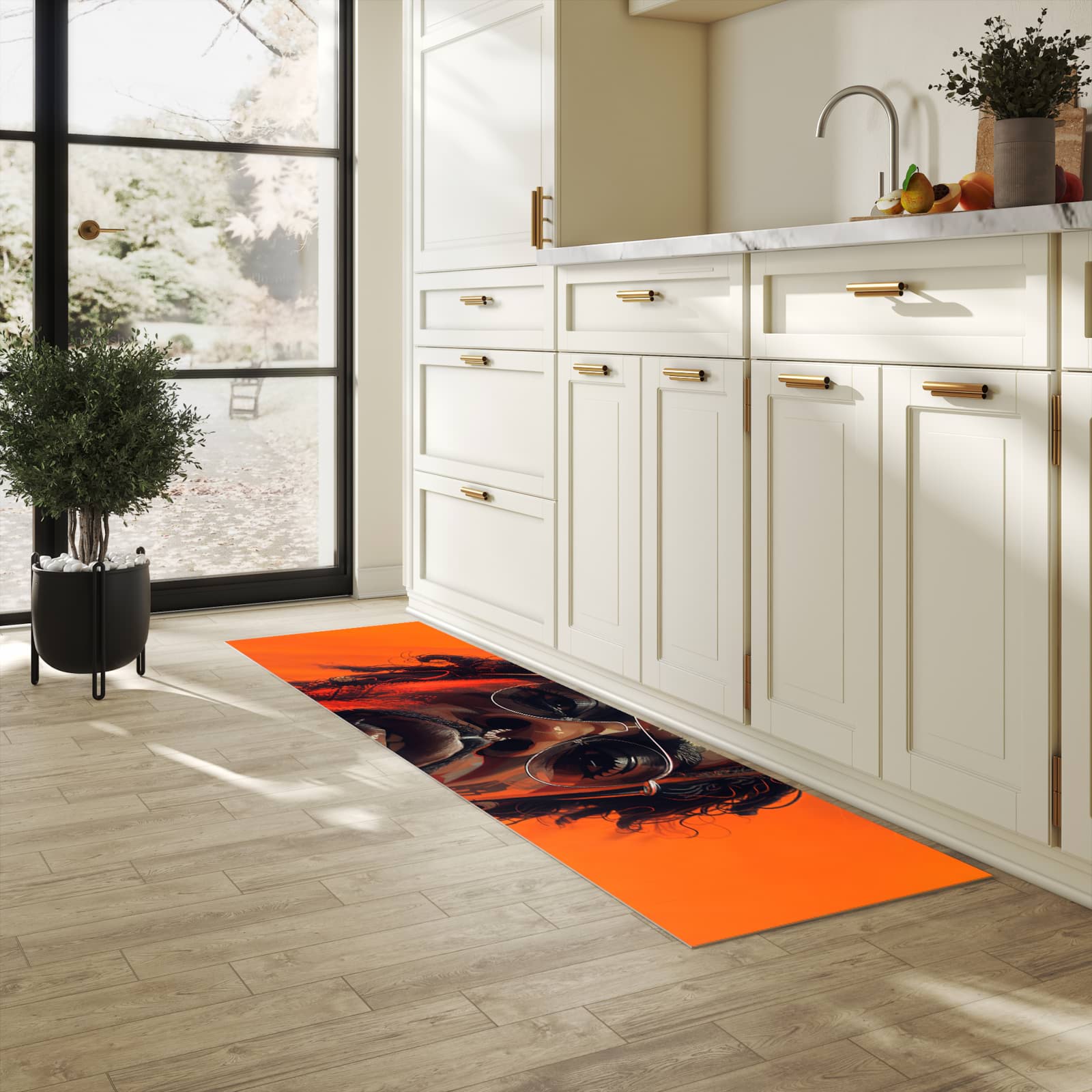 Feuchtigkeitsresistenter Teppich für die Küche mit Motiv Stilvolle Brillengesicht in heller Küche