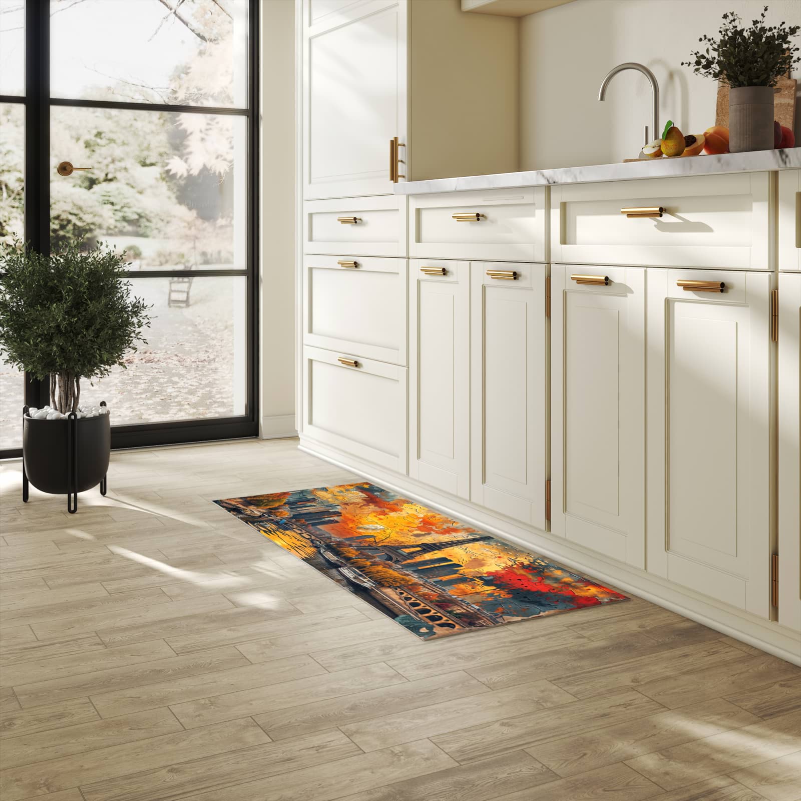 Fleckenresistenter Küchenläufer mit Motiv Eiffelturm Skyline in heller Küche