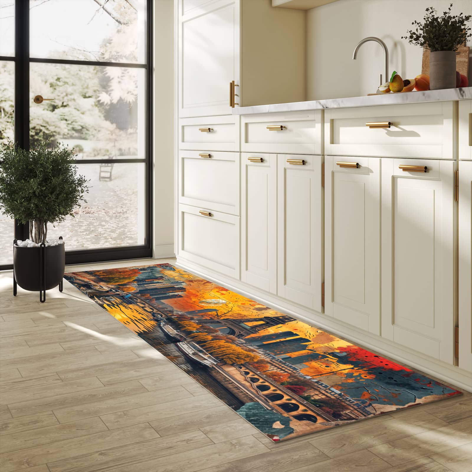 Pflegeleichter moderner Küchenläufer mit Motiv Eiffelturm Skyline in heller Küche