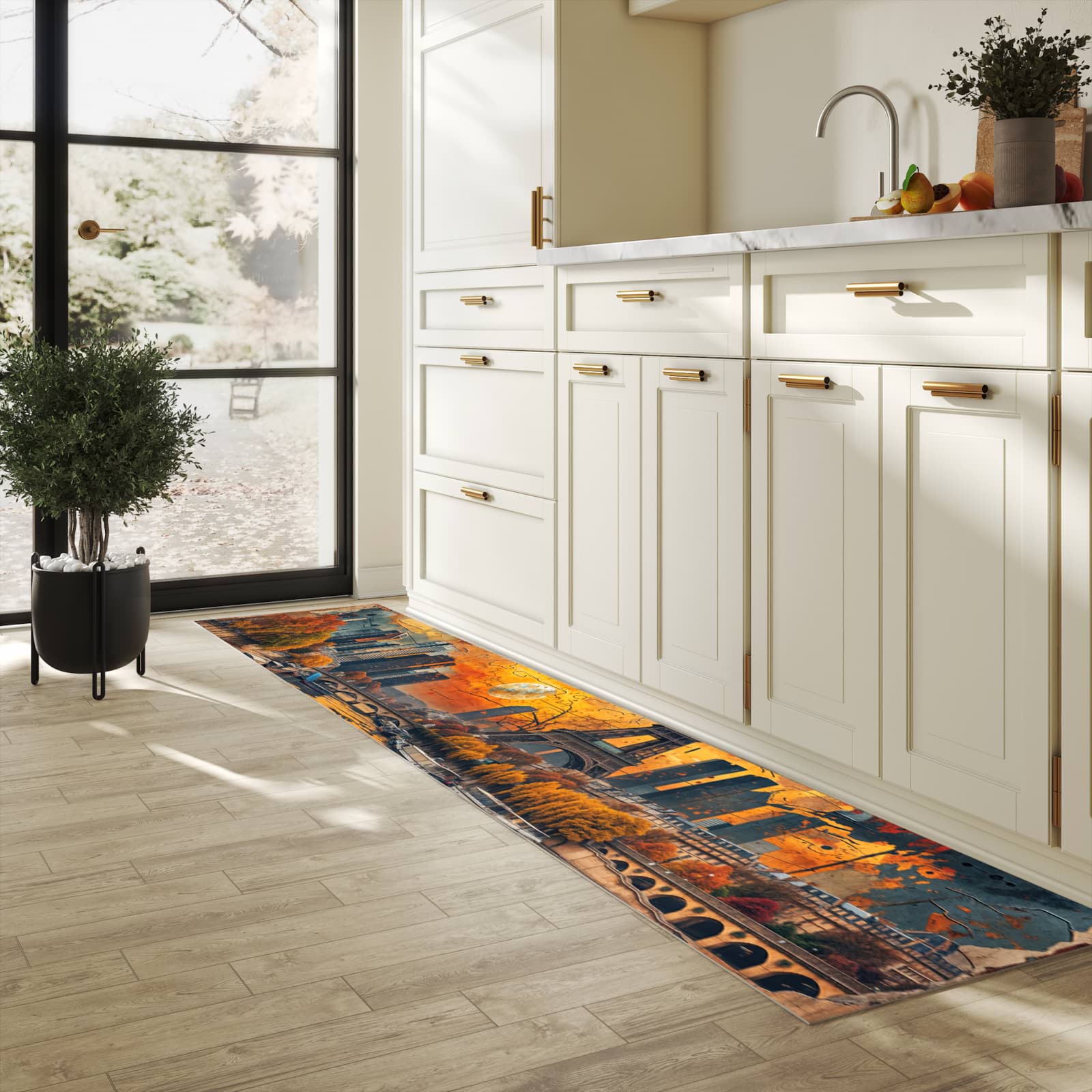 Flacher rutschfester Küchenläufer mit Motiv Eiffelturm Skyline in heller Küche