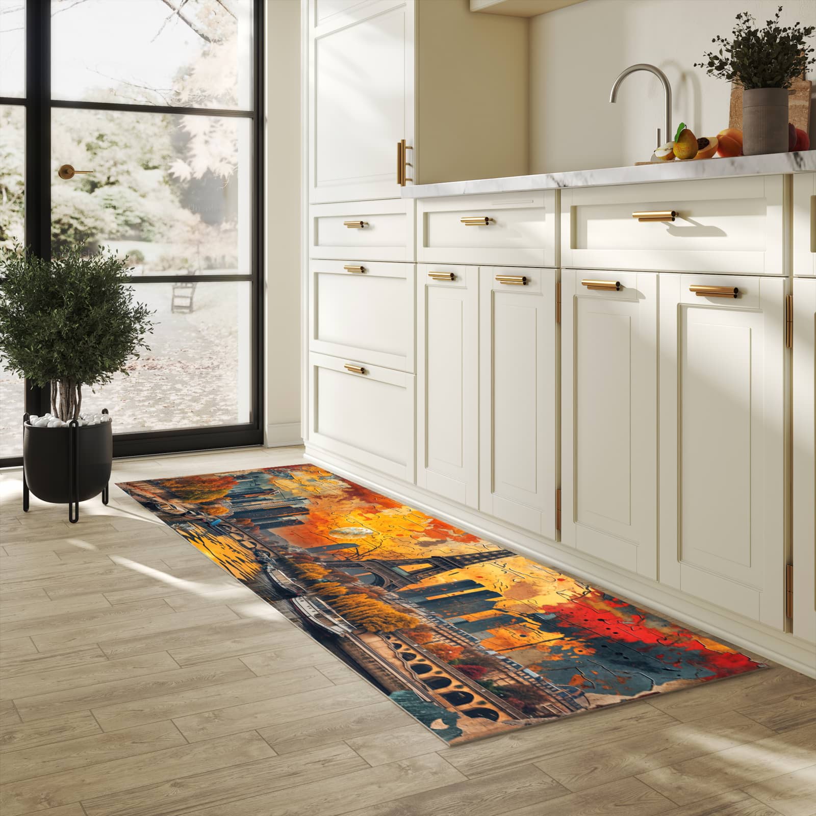 Rutschfester Küchenläufer mit Motiv Eiffelturm Skyline in heller Küche zum Waschen