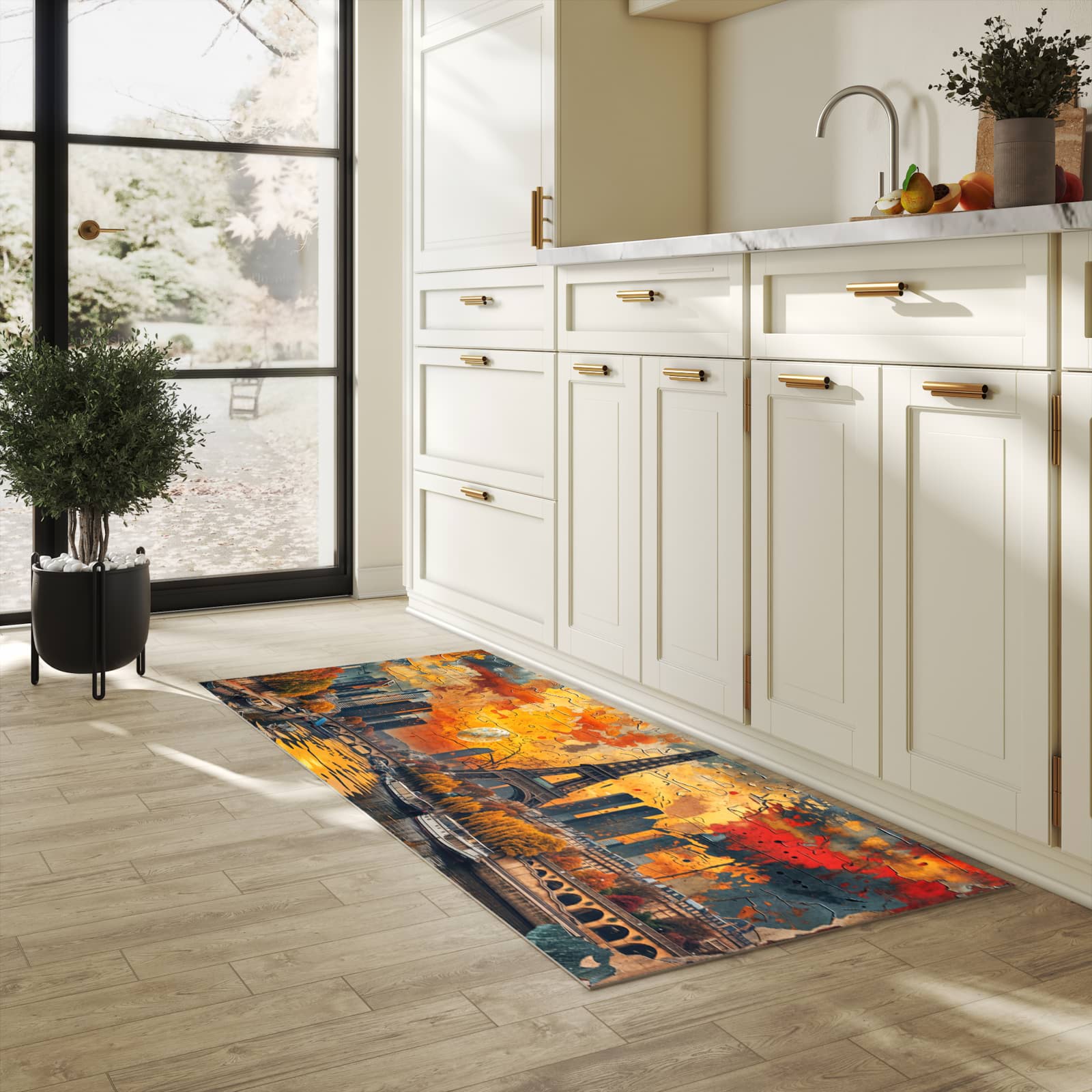 Komfortabler Küchenläufer nach Maß mit Motiv Eiffelturm Skyline in heller Küche