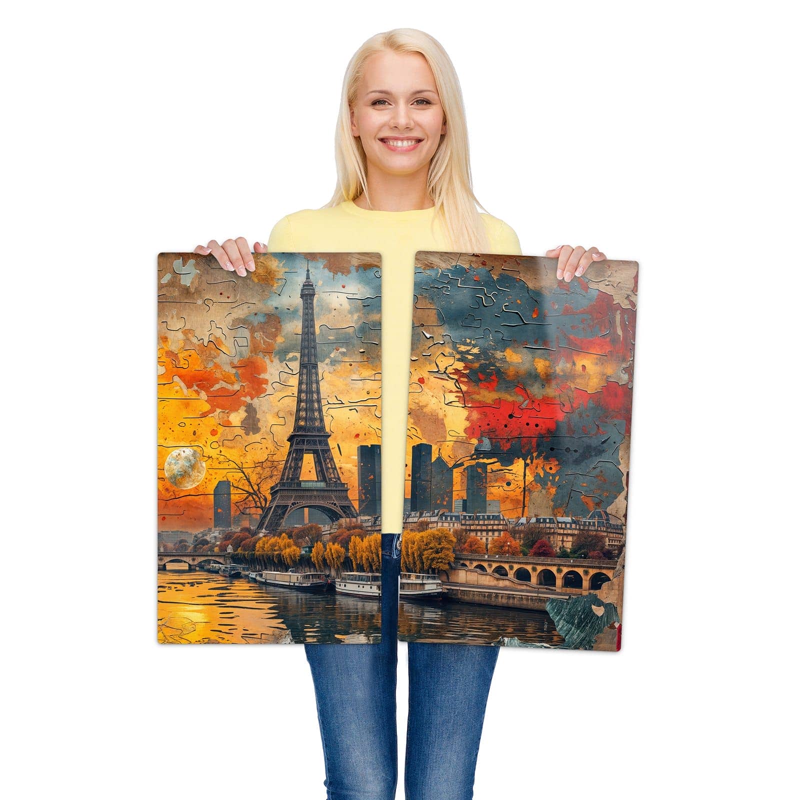 Herdabdeckplatte mit Eiffelturm Skyline-Motiv wird zur Größendarstellung gehalten