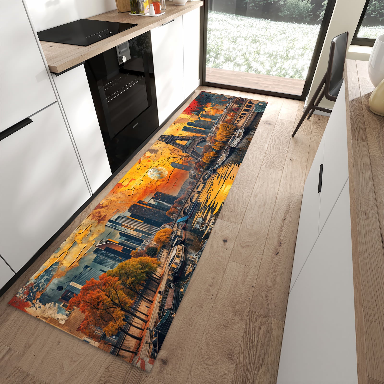 Geräuschdämpfender waschbarer Küchenläufer mit Motiv Eiffelturm Skyline in moderner Küche