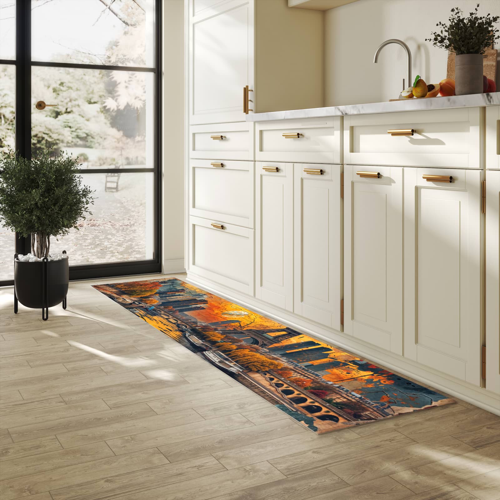 Langlebiger waschbarer Küchenläufer mit Motiv Eiffelturm Skyline in heller Küche