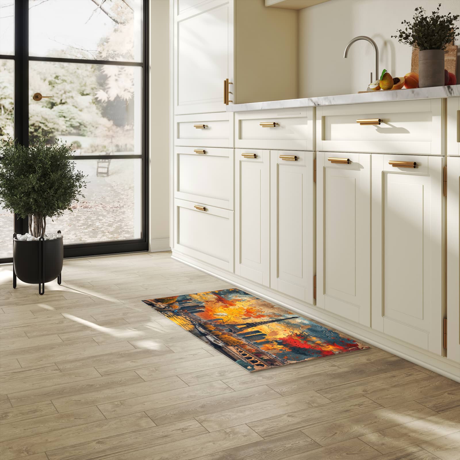 Wasserabweisender Küchenläufer mit Motiv Eiffelturm Skyline in heller Küche