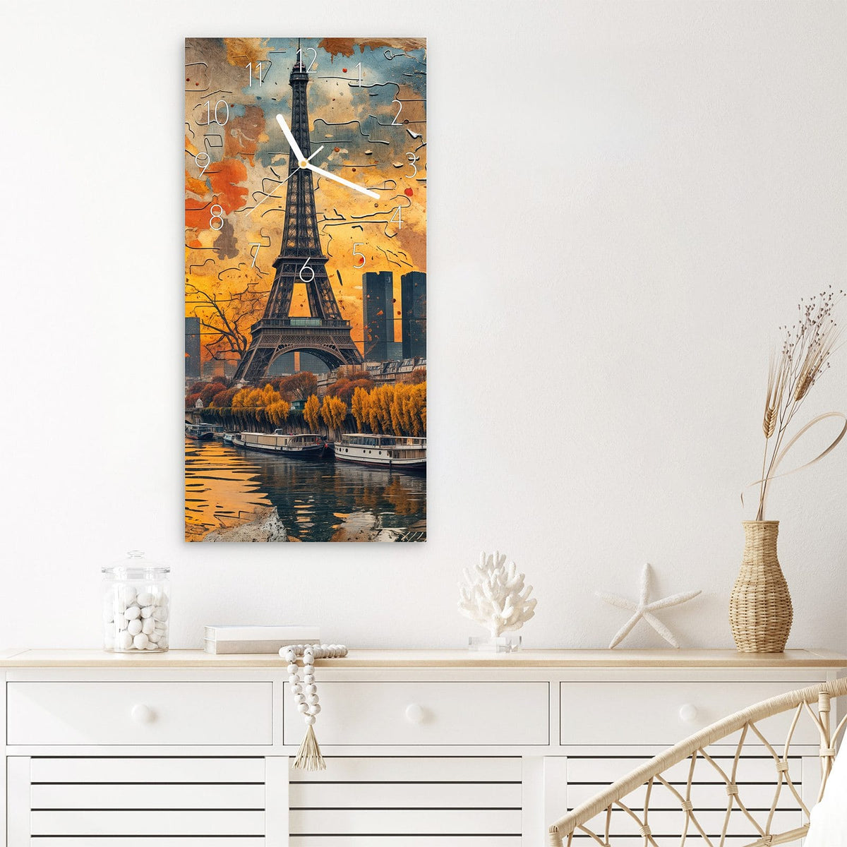 Wanduhr Eiffelturm Skyline aus Glas – Eiffelturm unter Feuerwerkshimmel