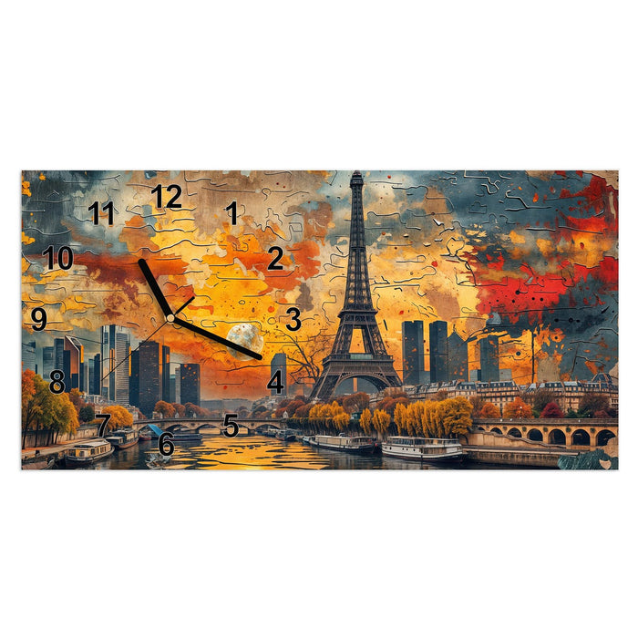 Wanduhr Eiffelturm Skyline aus Glas – Querformat 60 × 30 cm mit Ziffernblatt Modern