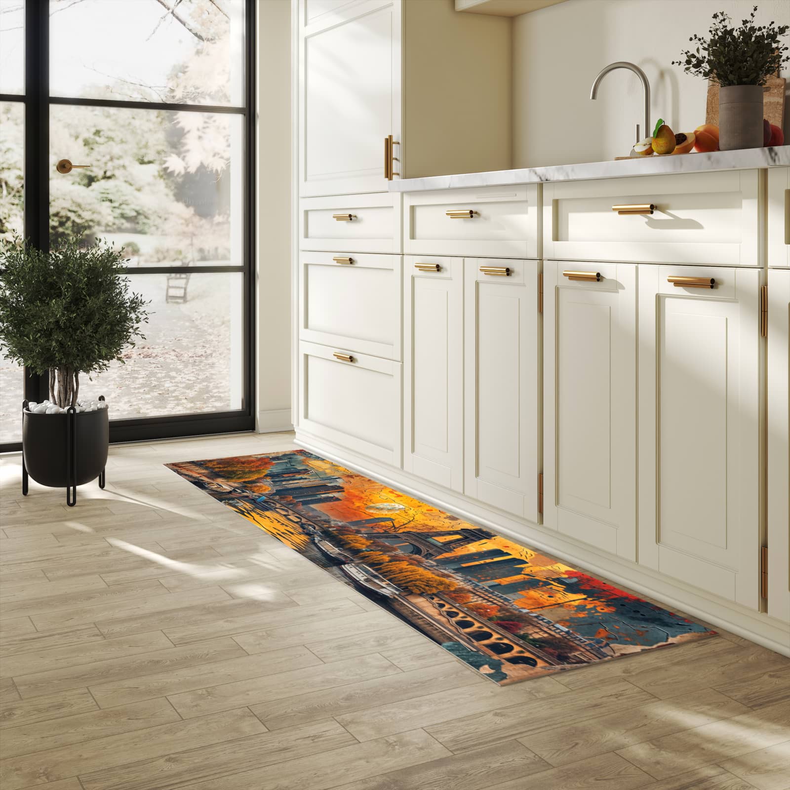 Geruchsneutraler rutschfester Küchenläufer mit Motiv Eiffelturm Skyline in heller Küche