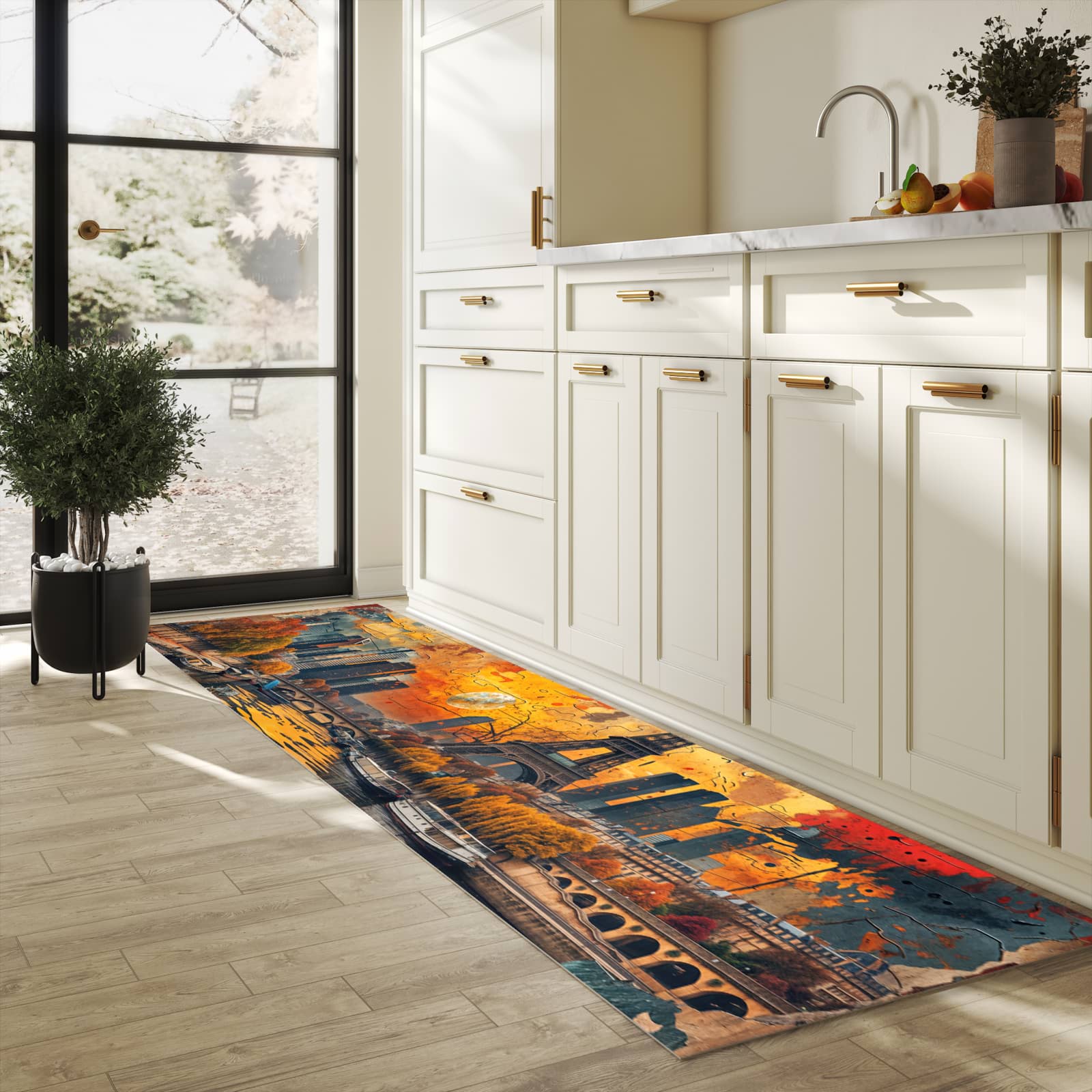 Abwaschbarer Küchenläufer mit Motiv Eiffelturm Skyline in heller Küche für angenehme Haptik