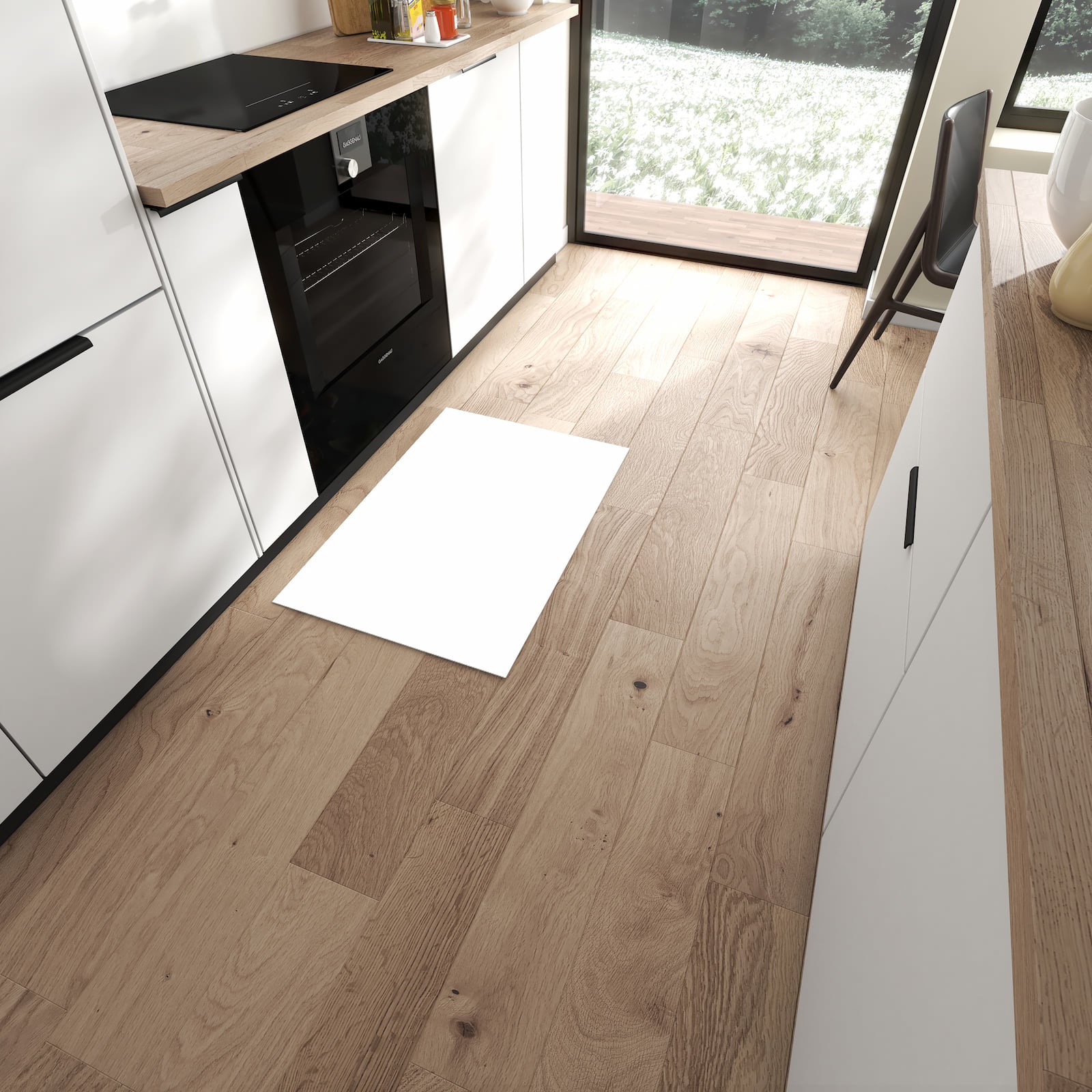 Rutschfester Küchenteppich mit Motiv Weisser, Heller Hintergrund in moderner Küche