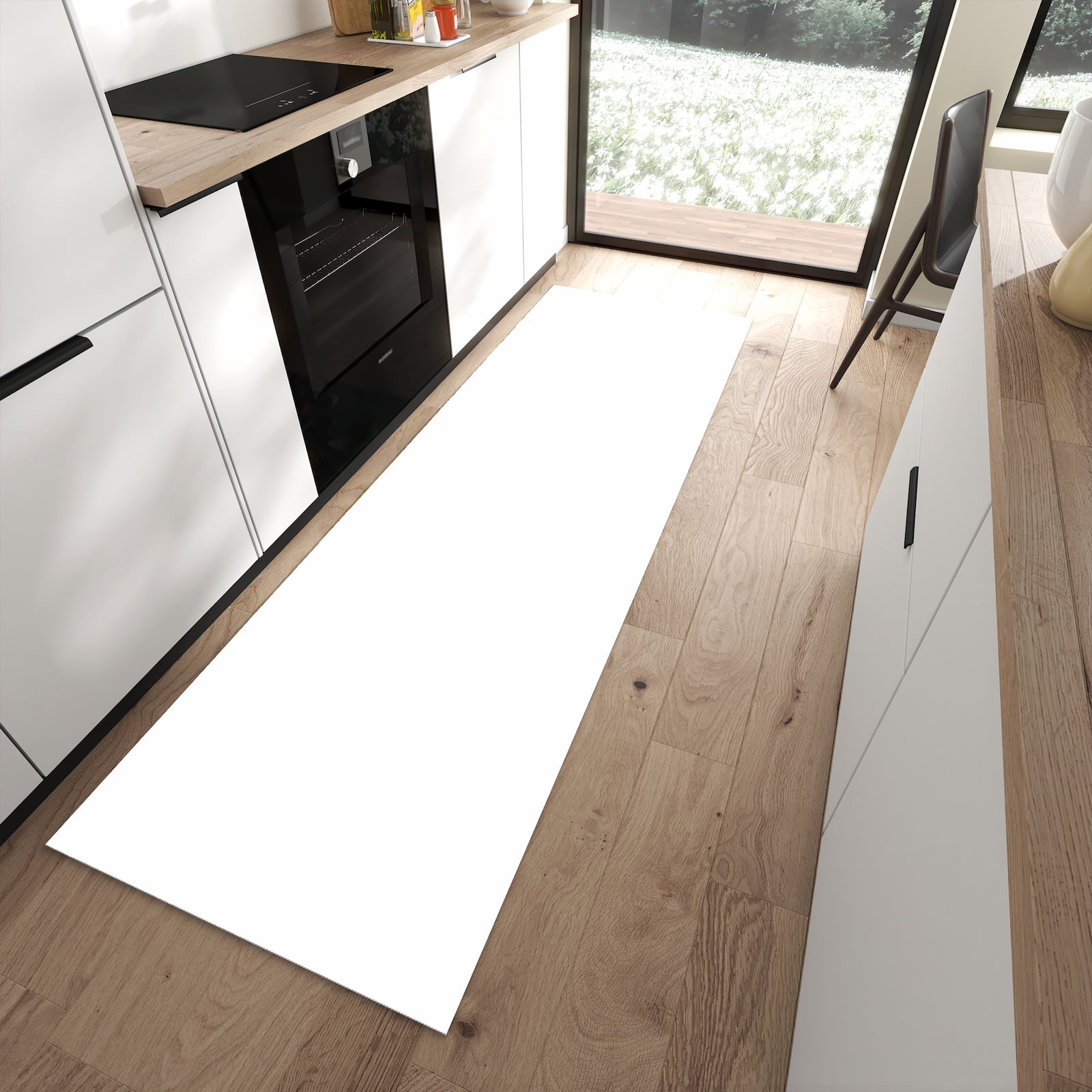 Komfortabler Küchenteppich mit Motiv Weisser, Heller Hintergrund in moderner Küche