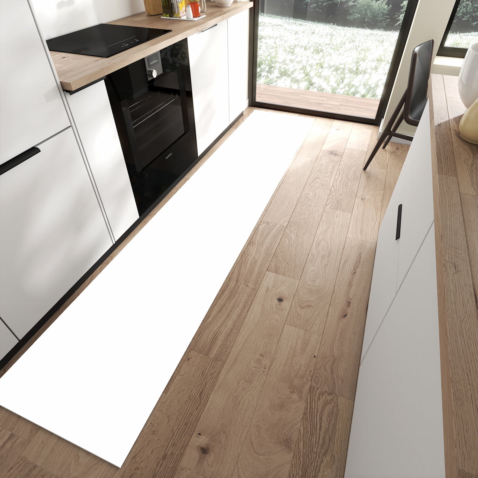 Flacher Küchenläufer mit Motiv Weisser, Heller Hintergrund in moderner Küche