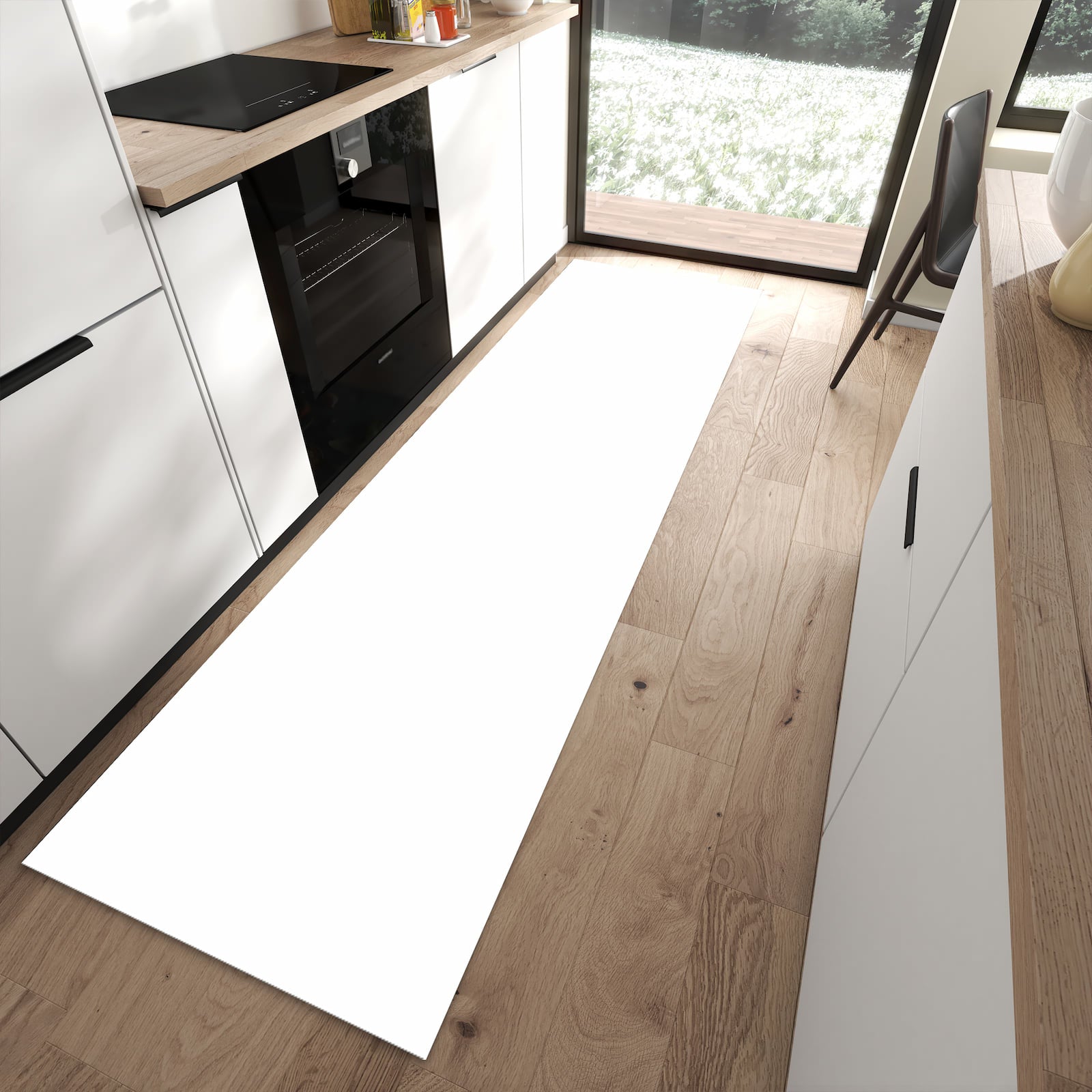 Hygienischer rutschfester Küchenteppich mit Motiv Weisser, Heller Hintergrund in moderner Küche