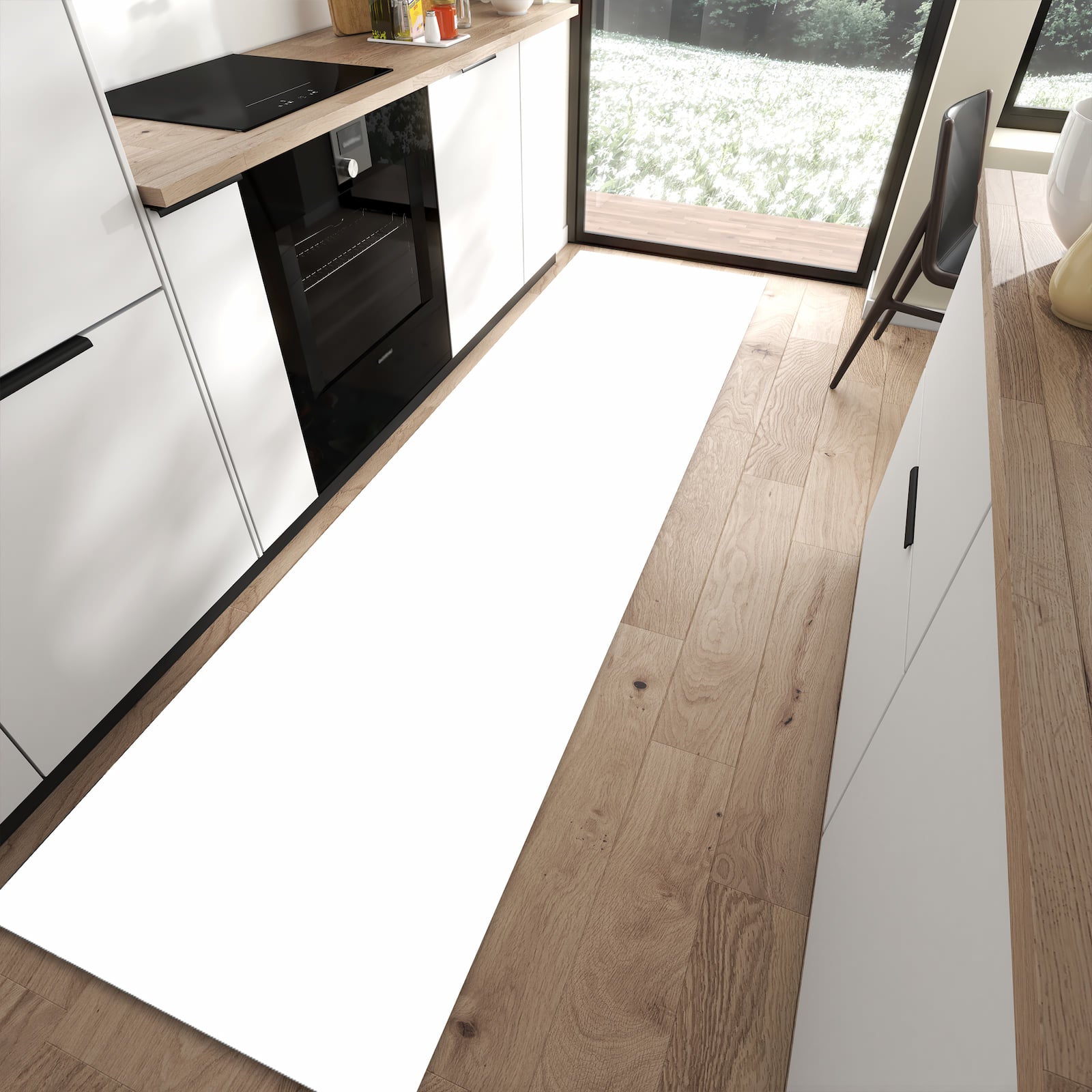 Strapazierfähiger Küchenteppich mit Motiv Weisser, Heller Hintergrund in moderner Küche