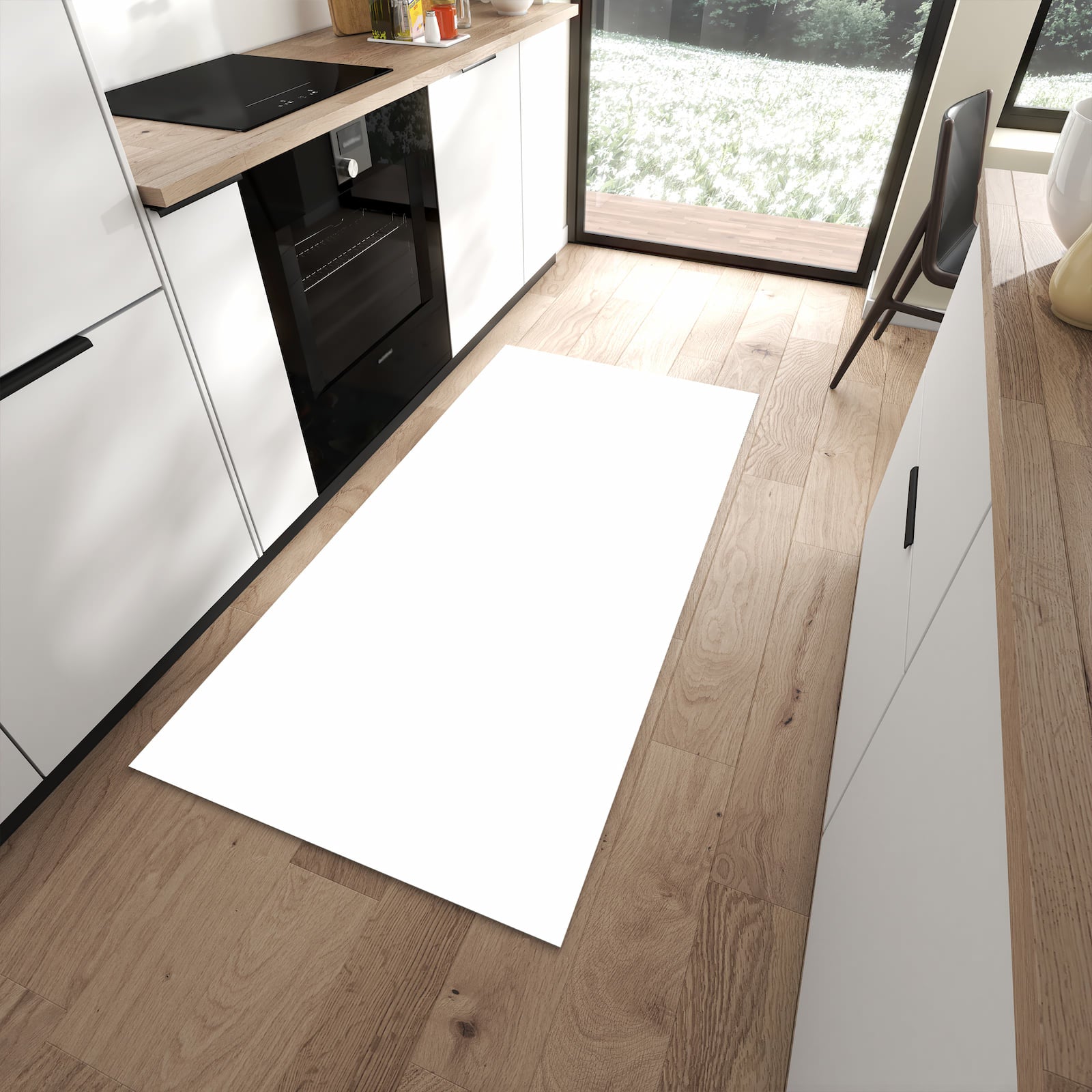 Waschbarer Küchenteppich mit Motiv Weisser, Heller Hintergrund in moderner Küche