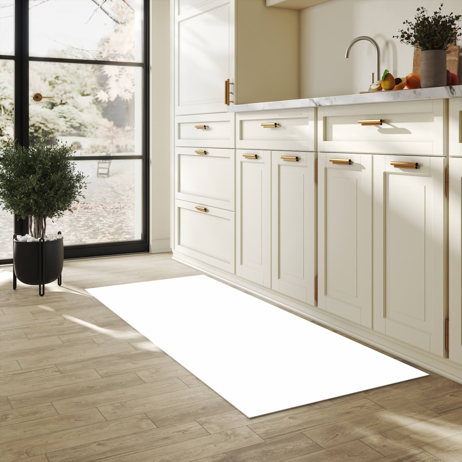 Waschbarer Küchenteppich mit Motiv Weisser, Heller Hintergrund in heller Küche für sichere Aufbewahrung