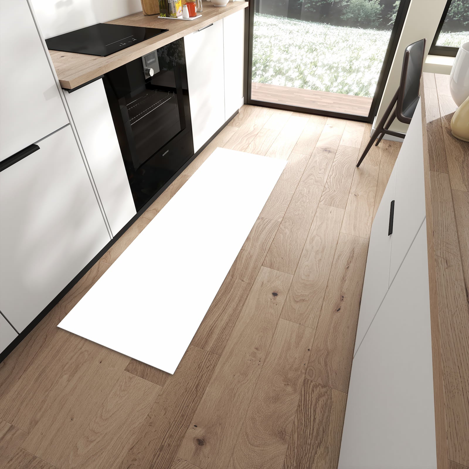 Schmutzabweisender Küchenteppich mit Motiv Weisser, Heller Hintergrund in moderner Küche