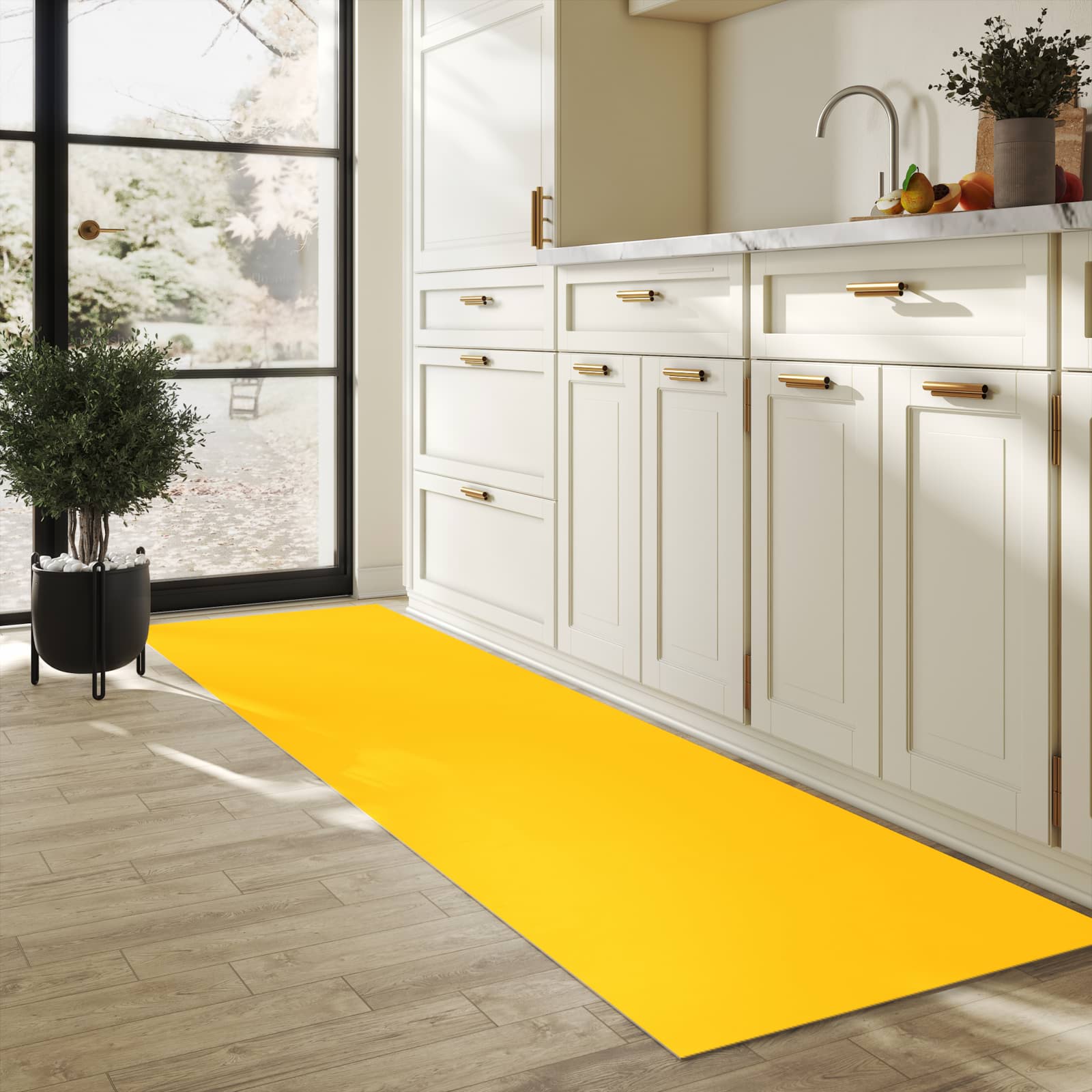 Strapazierfähiger Teppich für Esstisch mit Motiv Oranger Hintergrund I in heller Küche