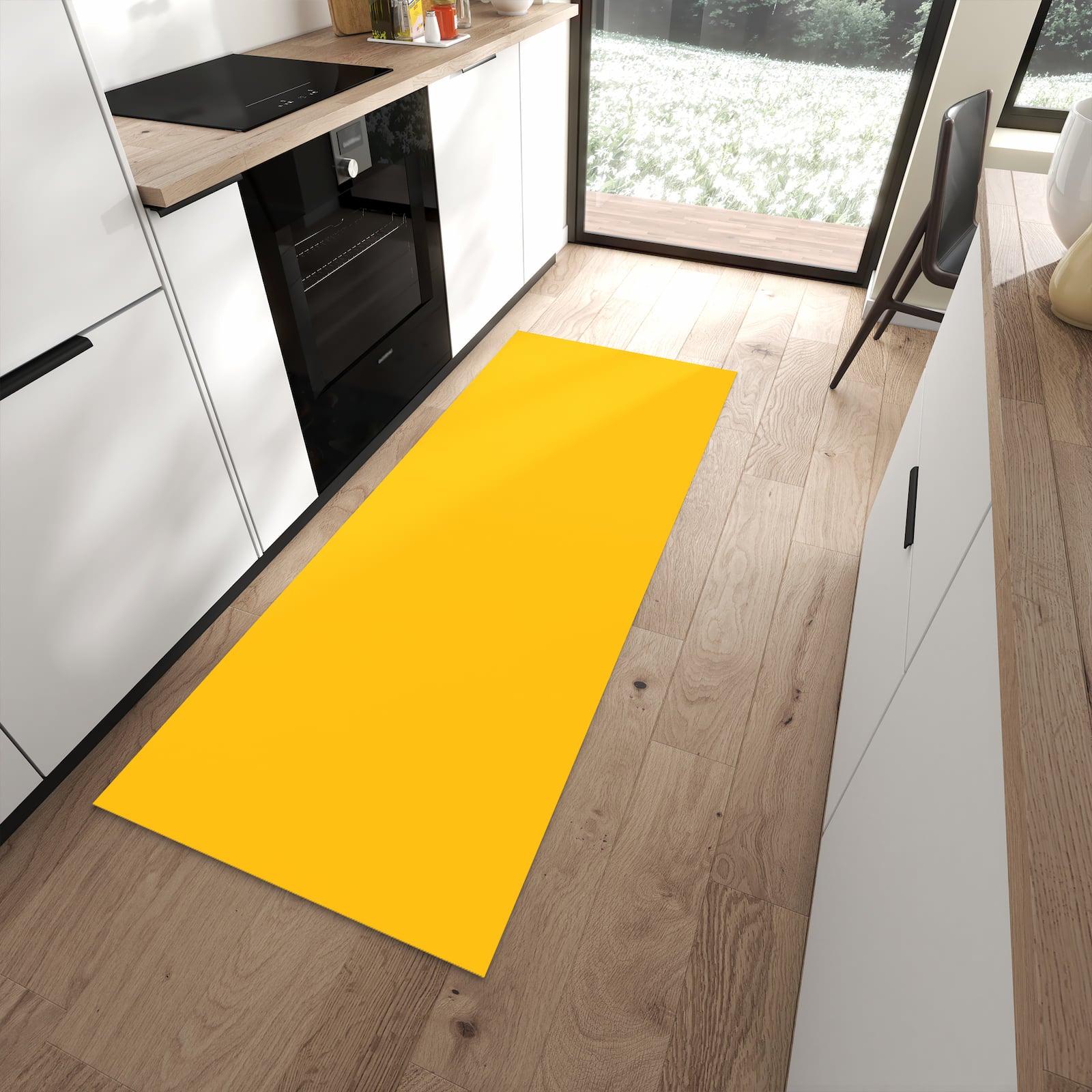 Abwaschbarer Küchenläufer mit Motiv Oranger Hintergrund I in moderner Küche