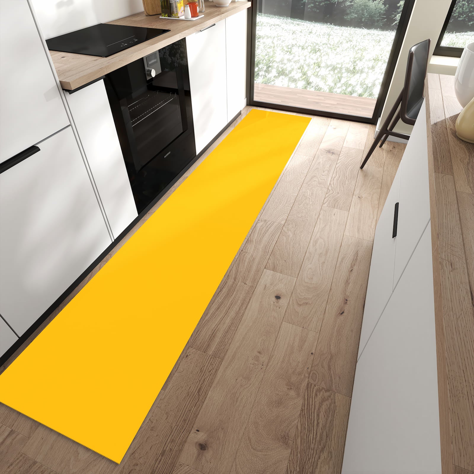 Farbbeständiger Küchenläufer mit Motiv Oranger Hintergrund I in moderner Küche zum Waschen