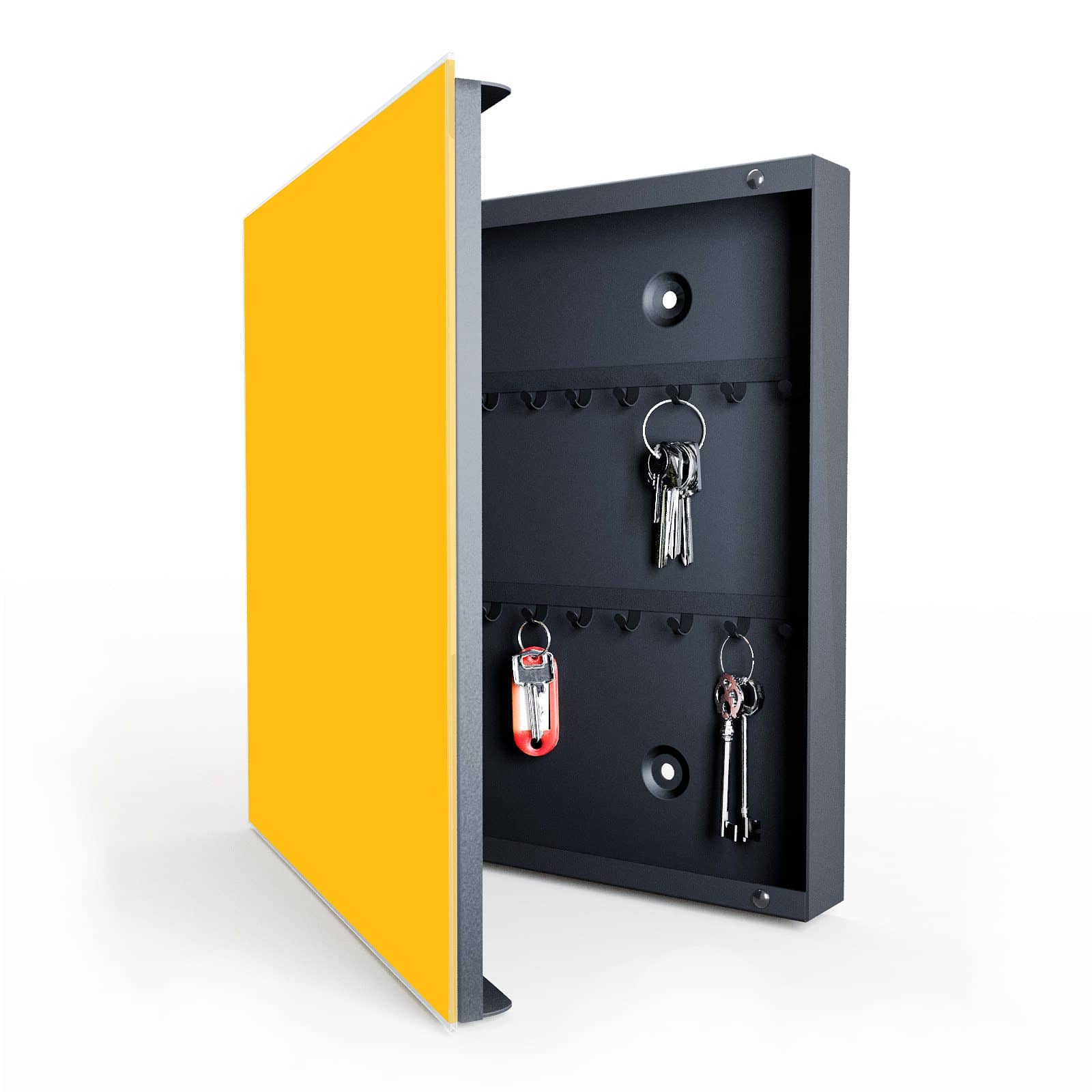 Hochwertiger Schlüsselkasten mit Motiv Oranger Hintergrund I in geöffneter Innenansicht