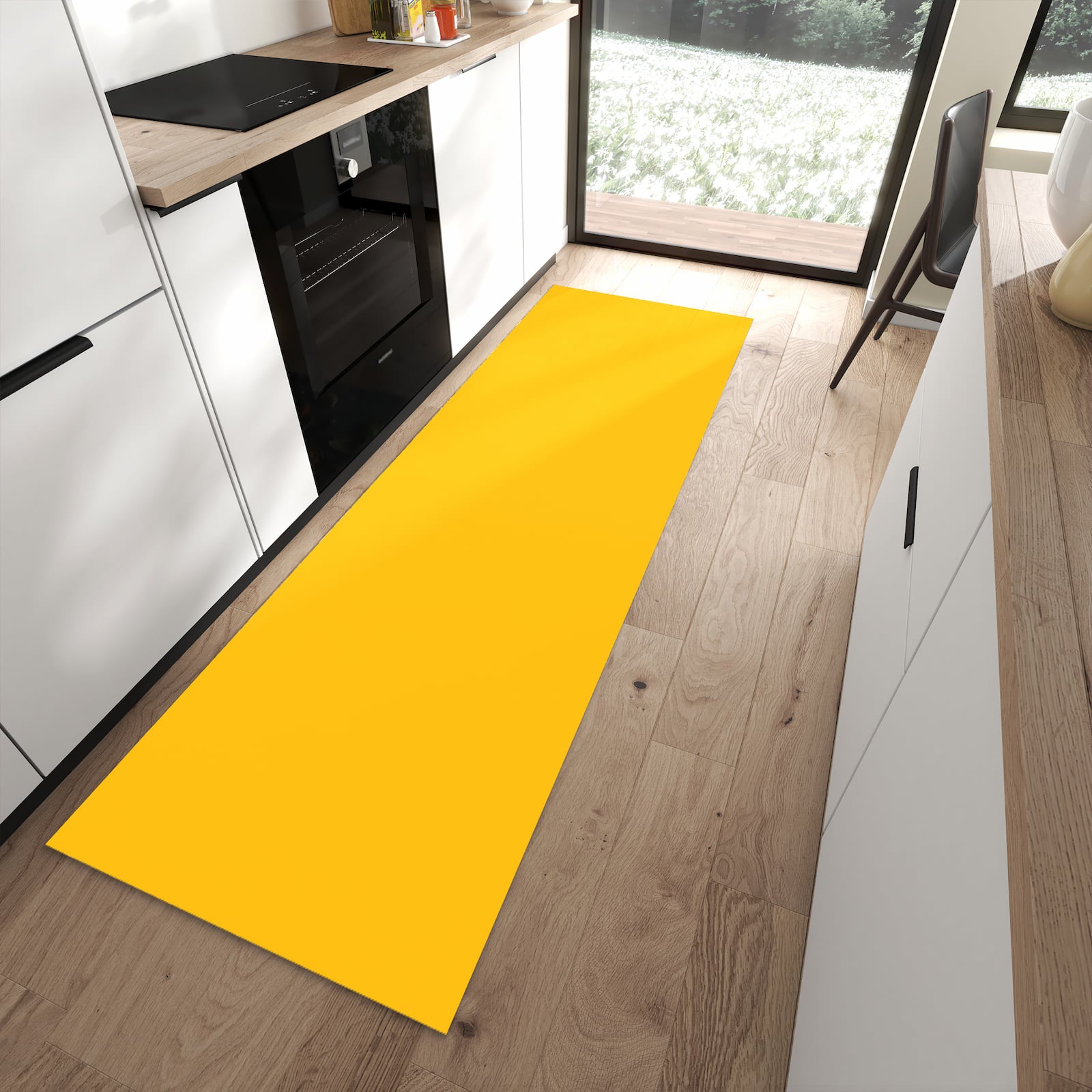 Zeitsparender abwaschbarer Küchenteppich mit Motiv Oranger Hintergrund I in moderner Küche