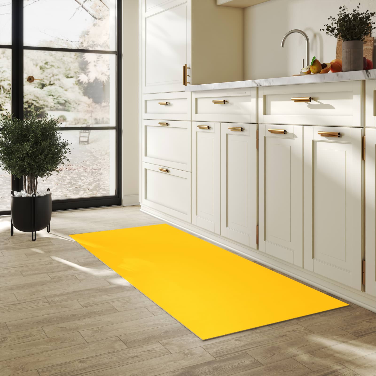 Rutschfester Küchenteppich mit Motiv Oranger Hintergrund I in heller Küche, einfach zu reinigen