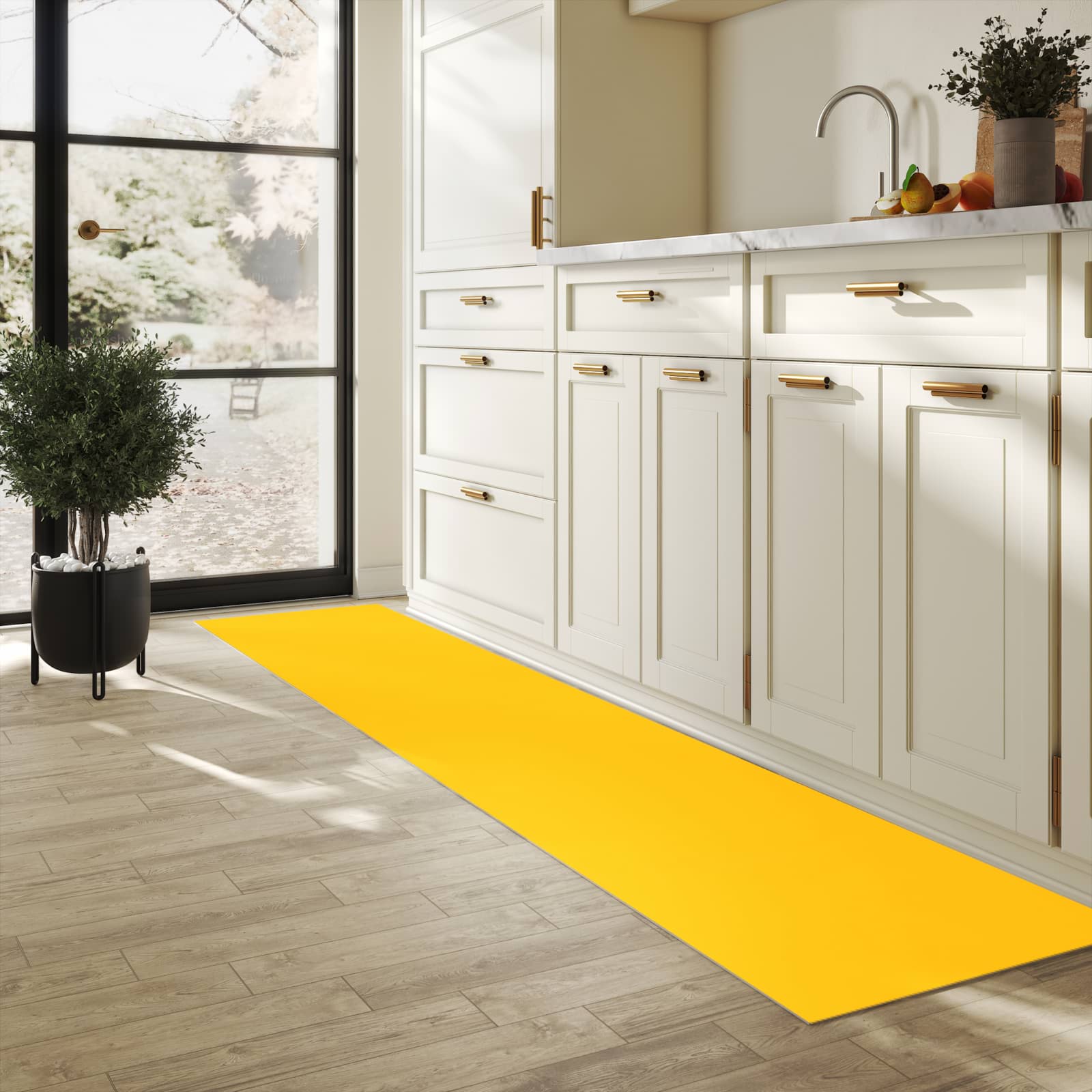 Komfortabler Läufer mit Motiv Oranger Hintergrund I in heller Küche für rutschfesten Stand