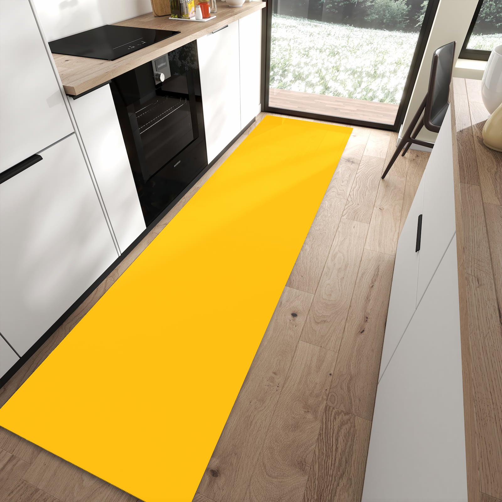 Abriebfester Küchenteppich mit Motiv Oranger Hintergrund I in moderner Küche