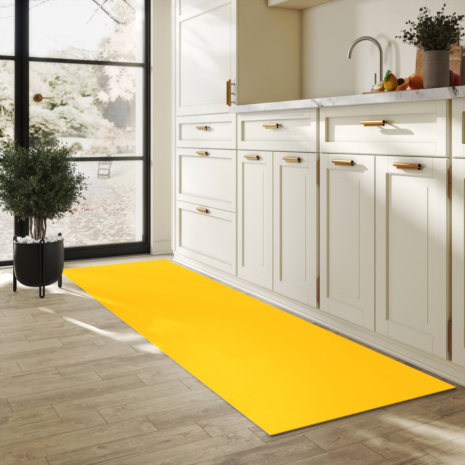 Hygienischer Teppich fürs Esszimmer mit Motiv Oranger Hintergrund I in heller Küche