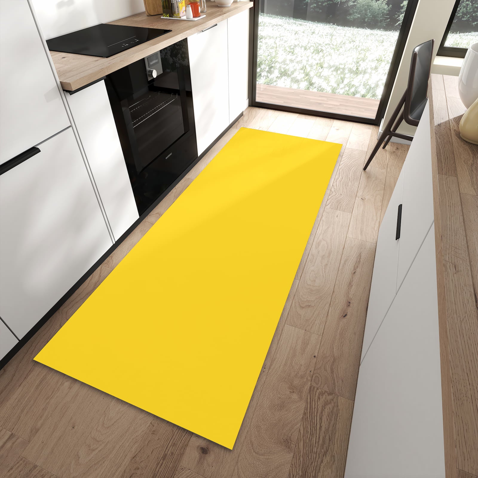 Langlebiger rutschfester Küchenläufer mit Motiv Oranger Hintergrund II in moderner Küche