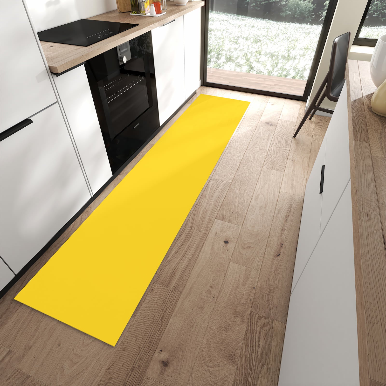 Pflegeleichter waschbarer Küchenteppich mit Motiv Oranger Hintergrund II in moderner Küche