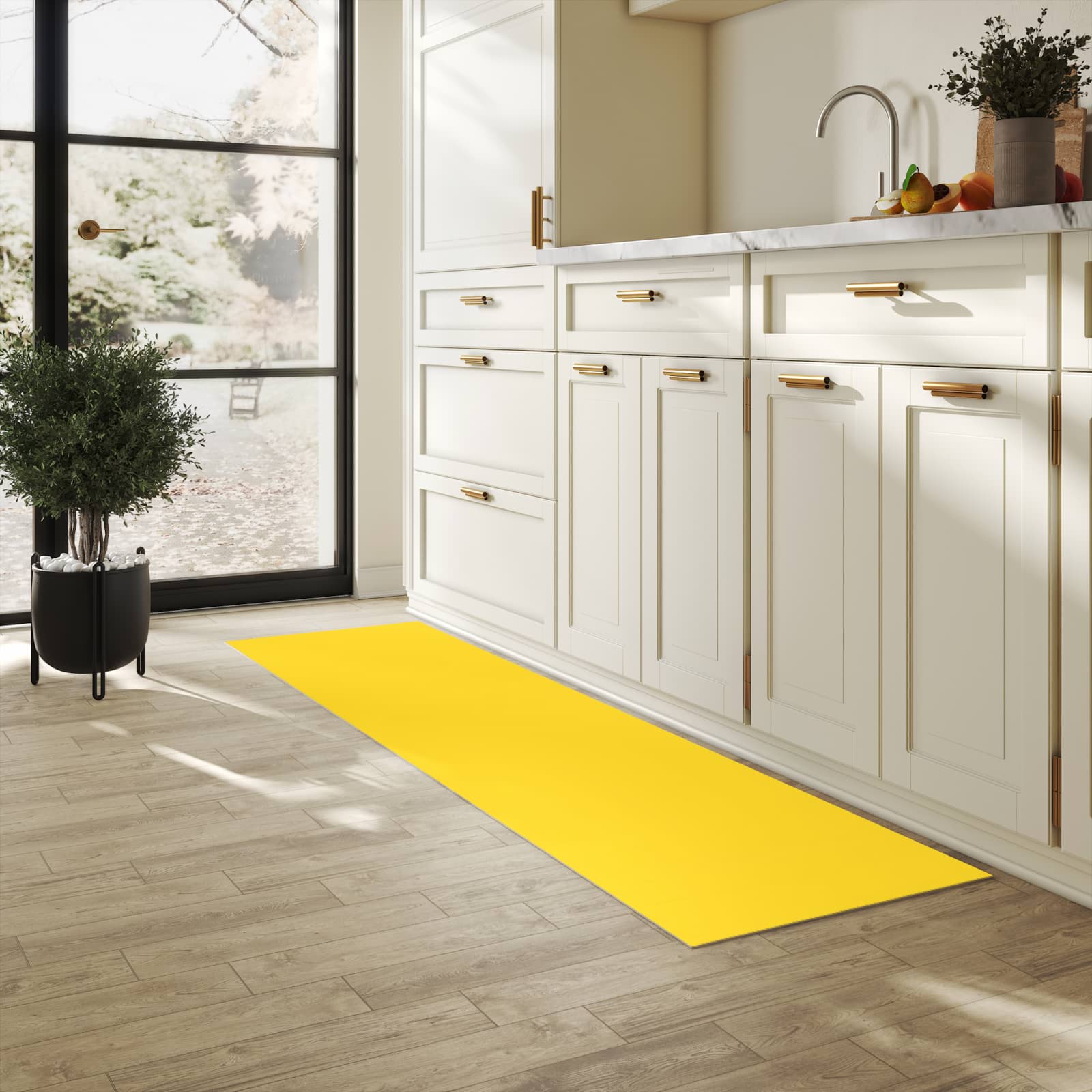 Farbbeständiger Küchenteppich mit Motiv Oranger Hintergrund II in heller Küche