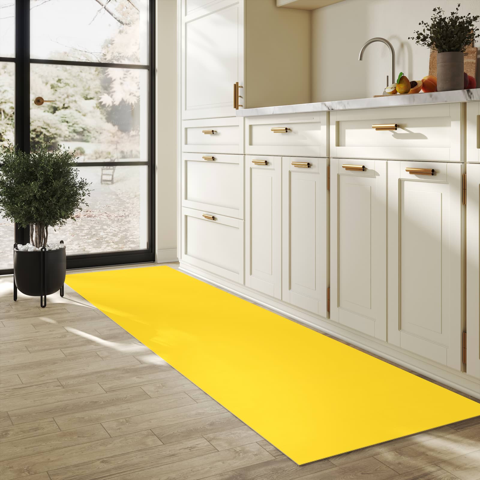 Waschbarer Küchenteppich mit Motiv Oranger Hintergrund II für Trittkomfort in heller Küche