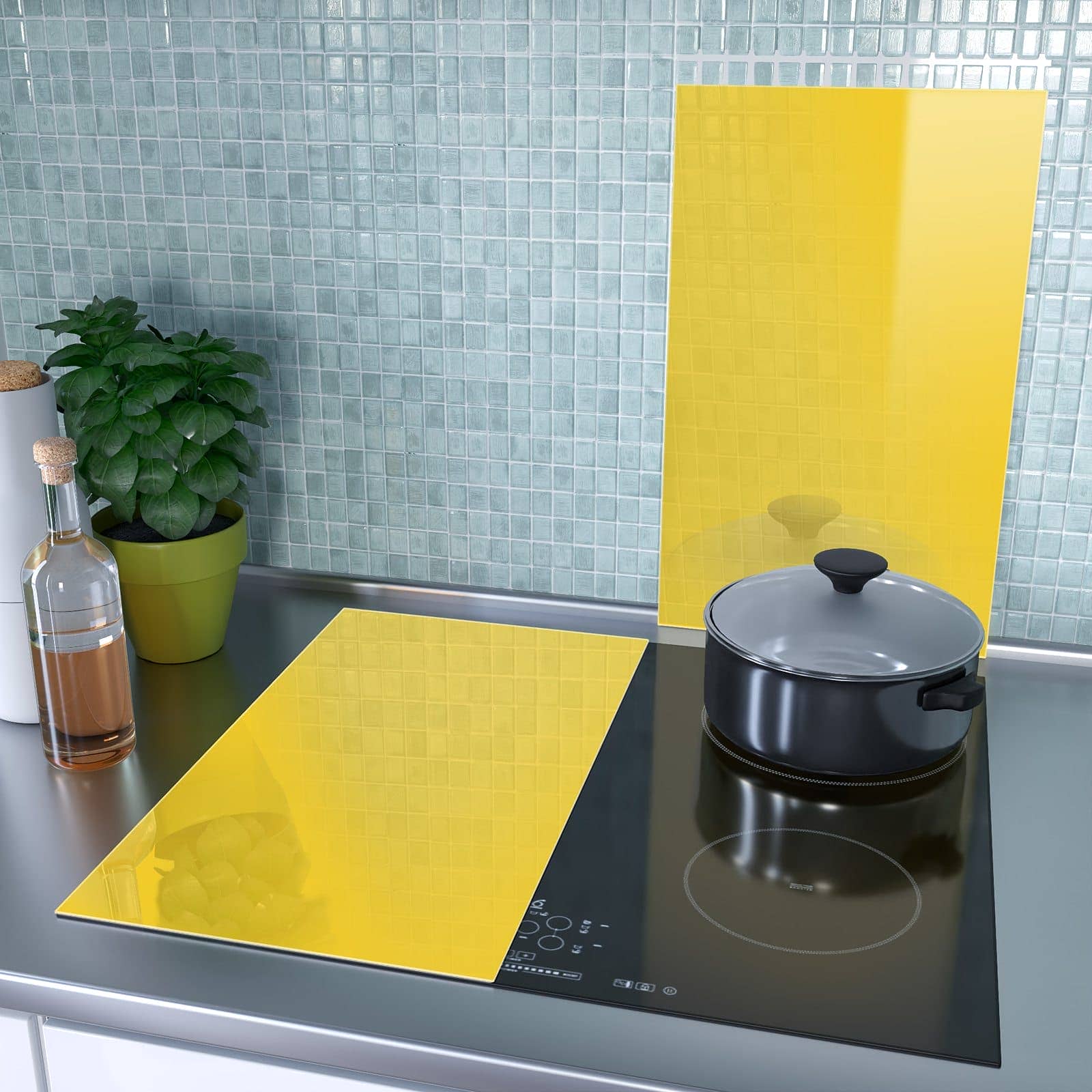 2-teilige Herdabdeckplatte aus Glas mit Oranger Hintergrund II-Motiv als Spritzschutz hinter dem Kochfeld