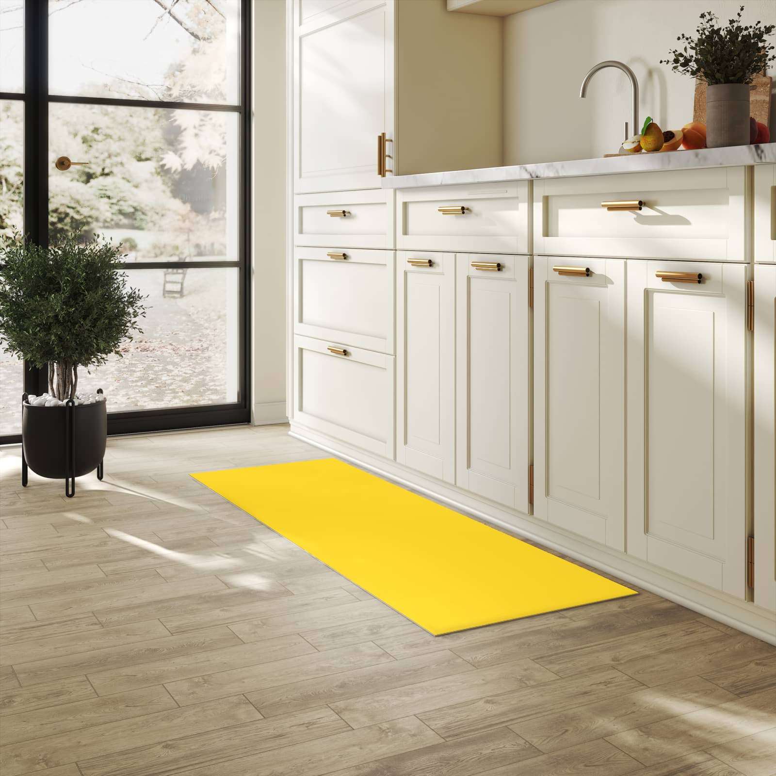 Bodenschonender Küchenteppich mit Motiv Oranger Hintergrund II in heller Küche