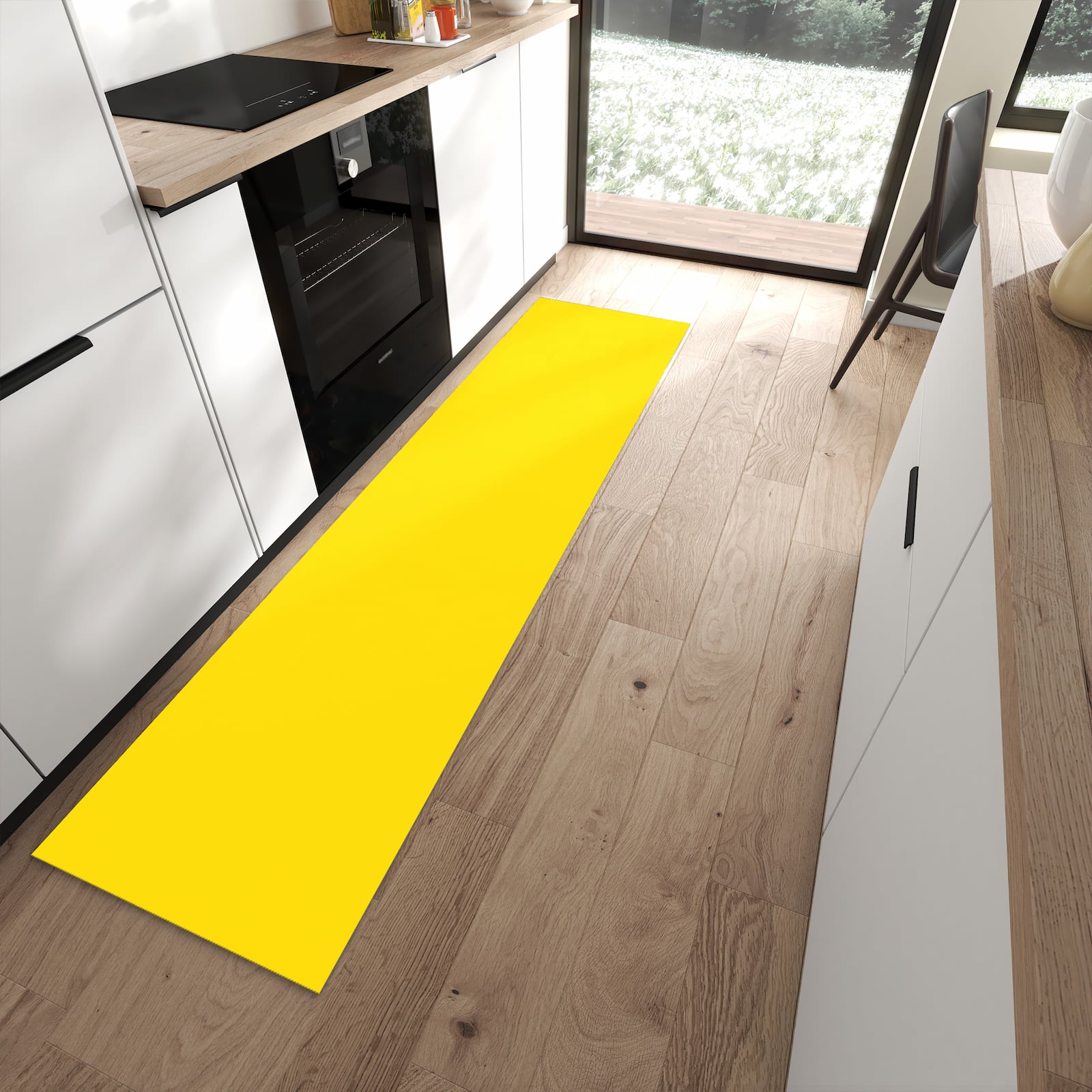 Farbbeständiger dünner Teppich mit Motiv Oranger Hintergrund III in moderner Küche