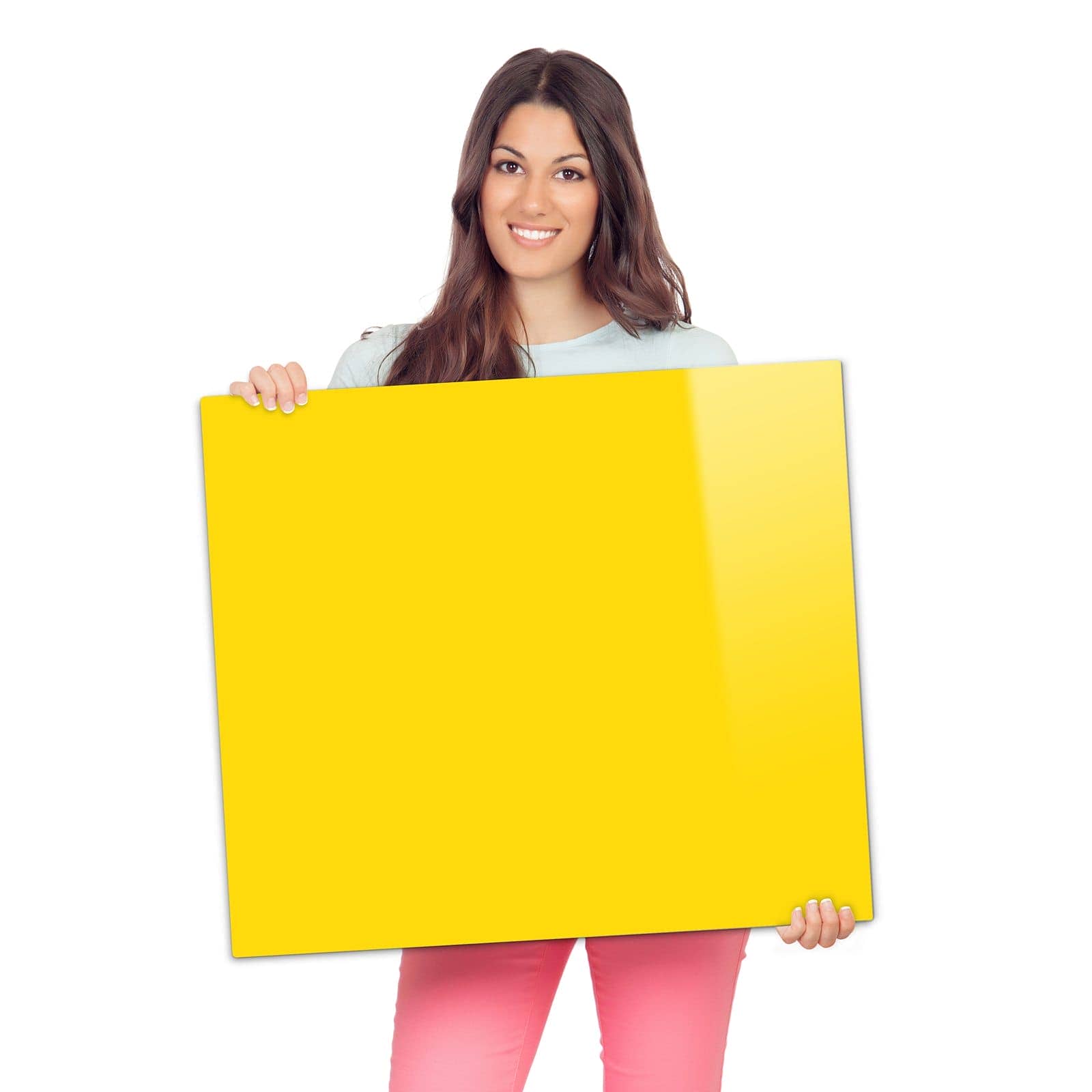 Herdabdeckplatte mit Oranger Hintergrund III-Motiv wird zur Größendarstellung gehalten