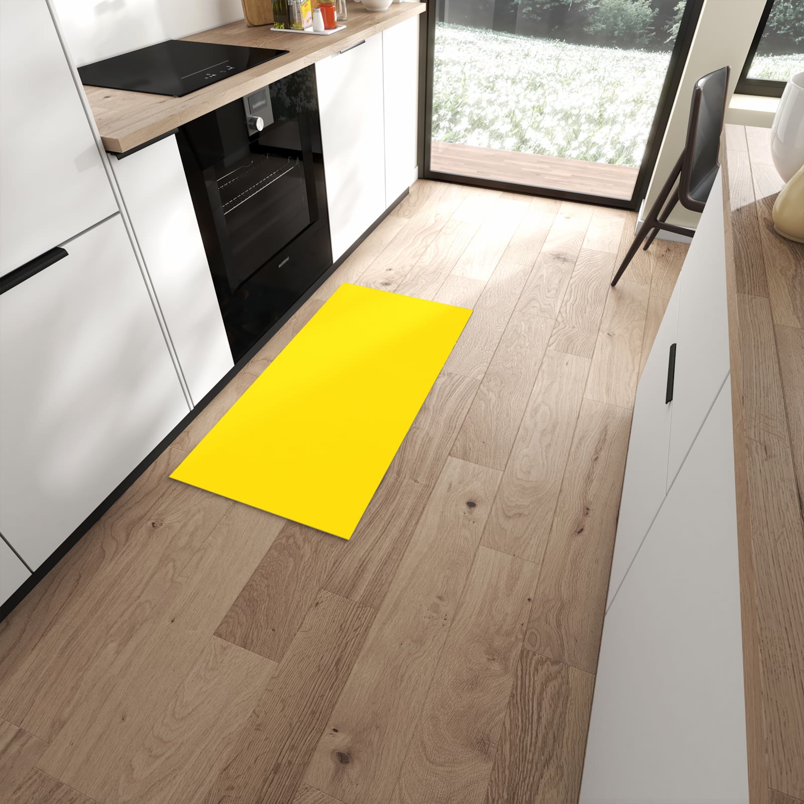 Bodenschonender langer Teppich mit Motiv Oranger Hintergrund III in moderner Küche #grösse_60 x 120 cm