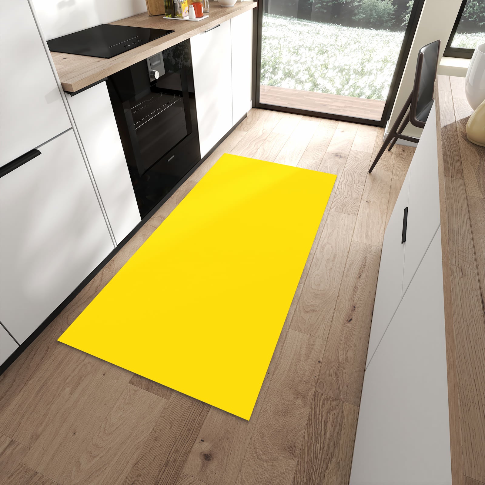 Wasserabweisender Küchenteppich mit Motiv Oranger Hintergrund III in moderner Küche