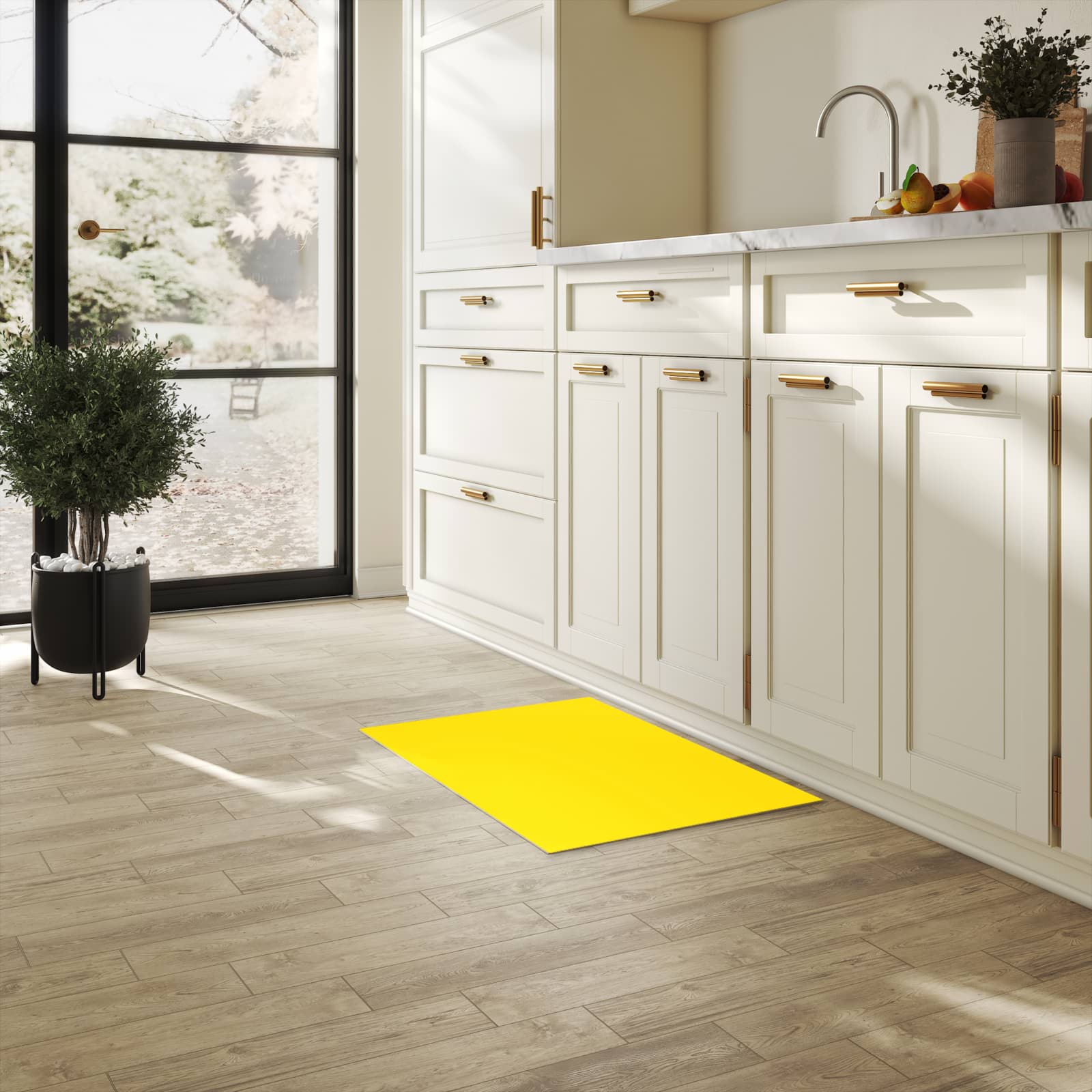 Waschbarer Küchenläufer mit Motiv Oranger Hintergrund III in heller Küche für angenehme Haptik