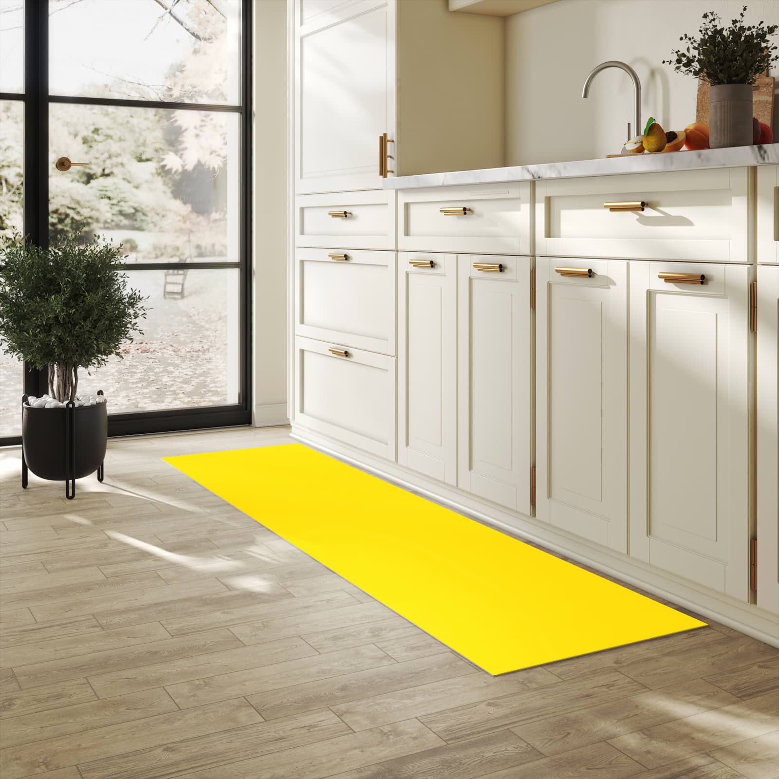 Komfortabler rutschfester Küchenläufer mit Motiv Oranger Hintergrund III in heller Küche