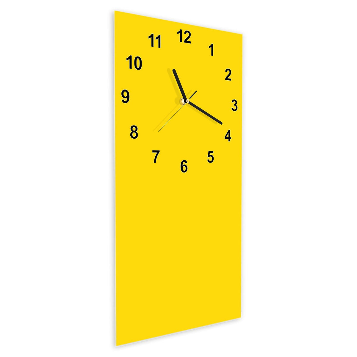 Wanduhr aus Glas im Hochformat Kanariengelb schräg von der Seite, 4 mm starkes Glas